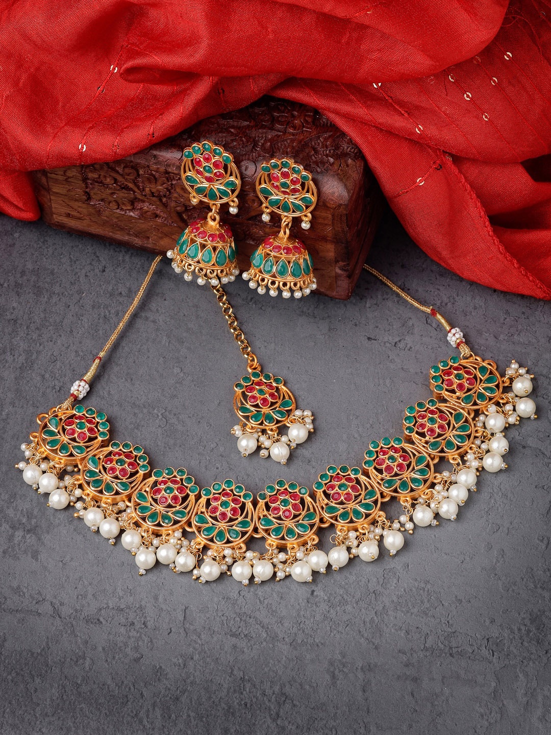 

Sukkhi Gold Plated American Diamond Studded & Beaded Jewellery Set