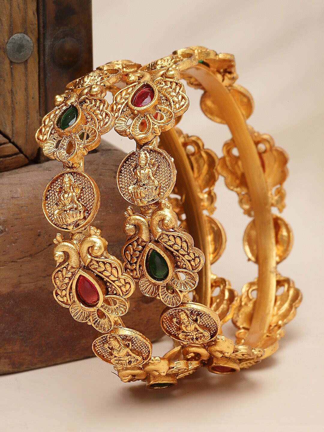 

Sukkhi Gold Plated Stone Studded Temple With Peacock Inspired Bangle, Red