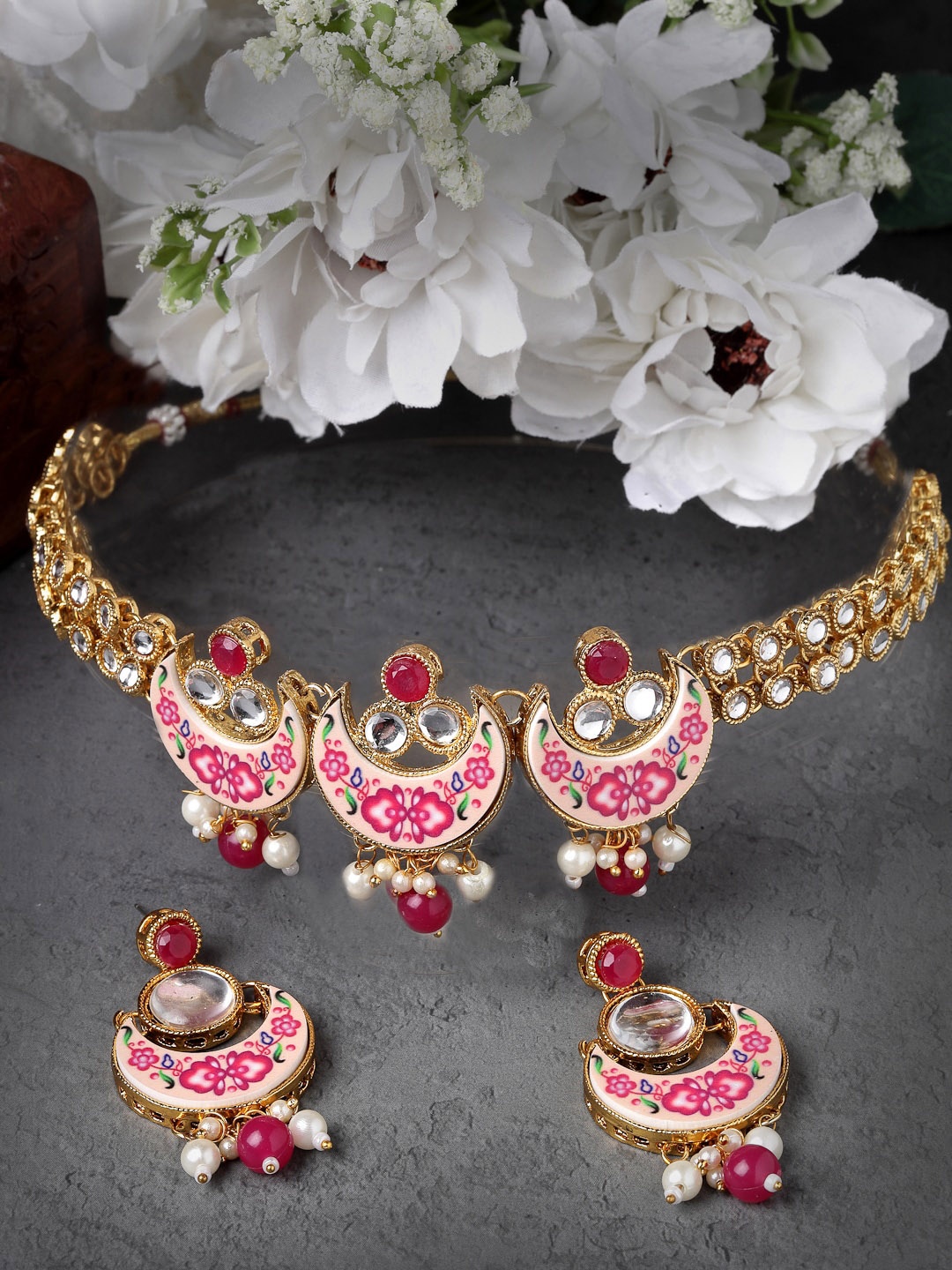 

Sukkhi Gold Plated American Diamond Studded & Beaded Meenakari Jewellery Set