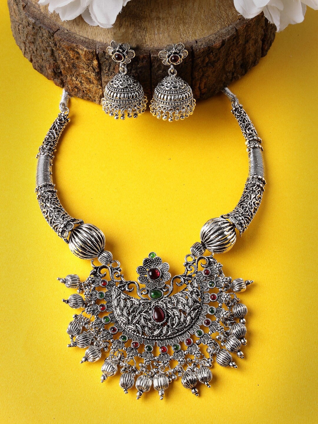 

Sukkhi Rhodium Plated AD Stone-Studded Oxidised Jewellery Set, Silver