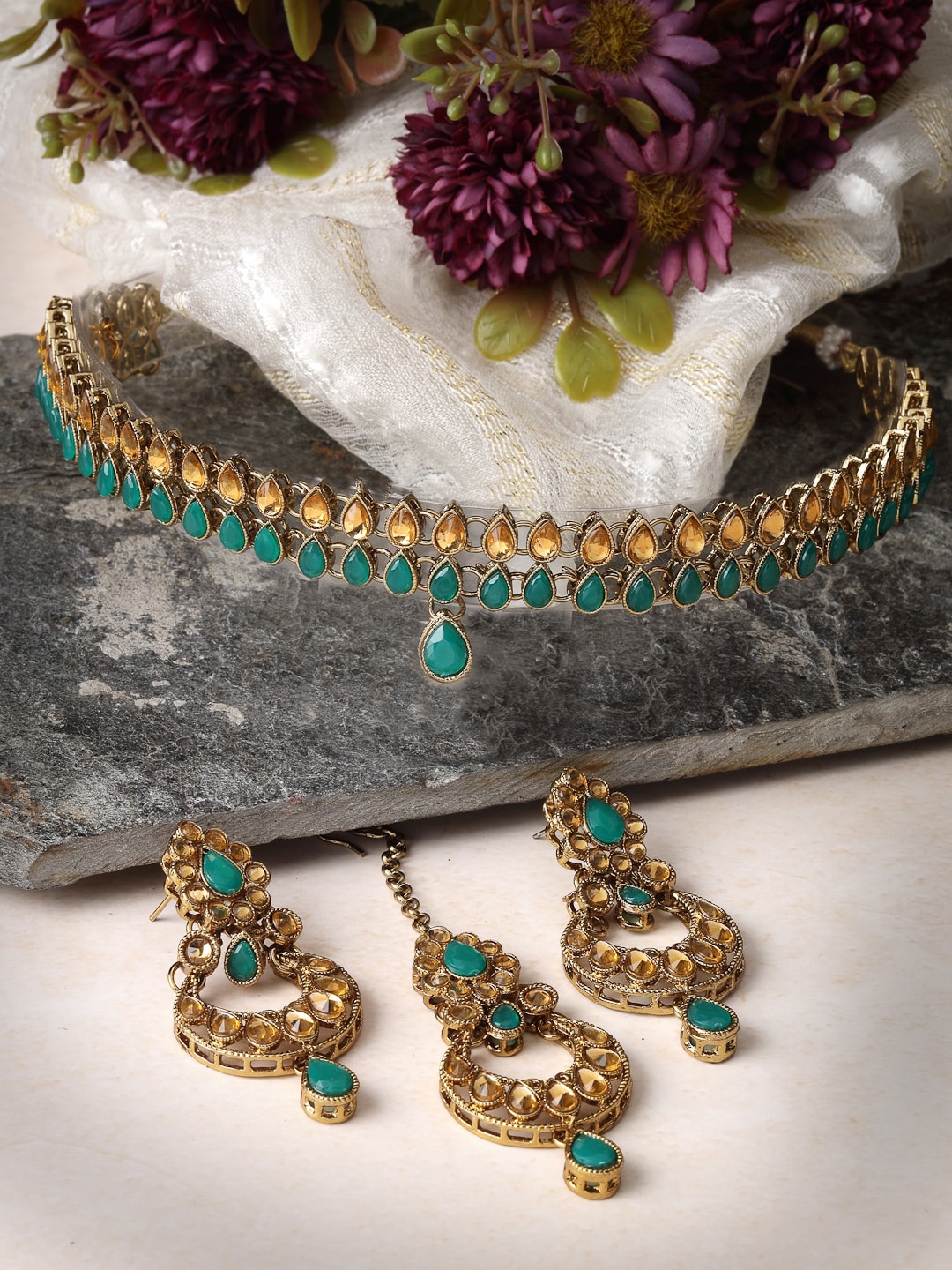 

Sukkhi Gold-Plated AD Stone-Studded Necklace and Earrings With Maang Tika Set