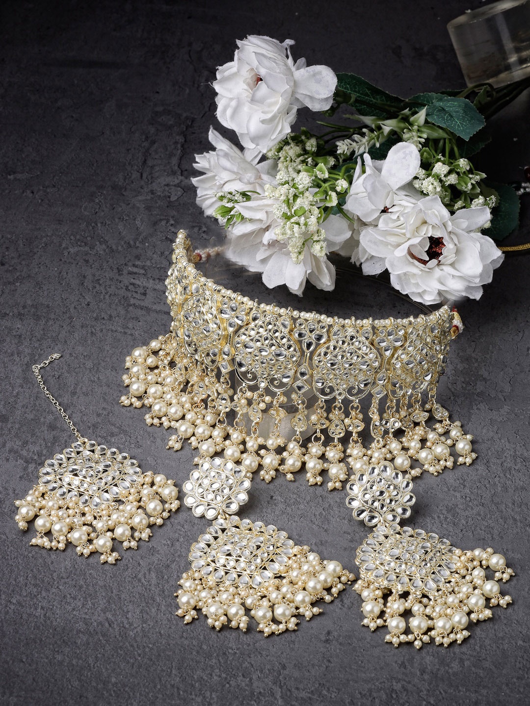

Sukkhi Gold-Plated AD-Studded & Beaded Necklace and Earrings With Maang Tika