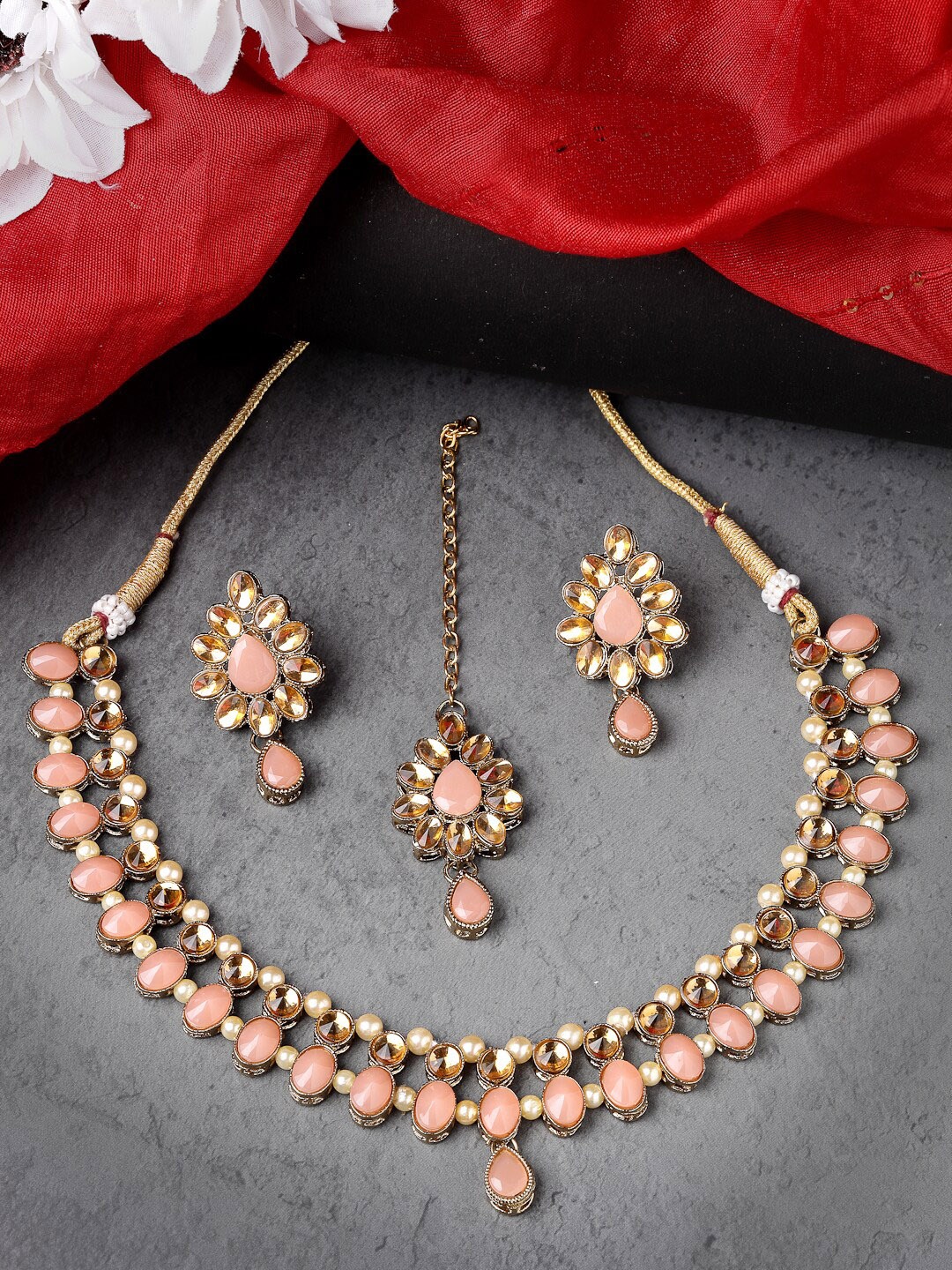 

Sukkhi Gold-Plated AD-Studded & Beaded Necklace and Earrings With Maang Tika