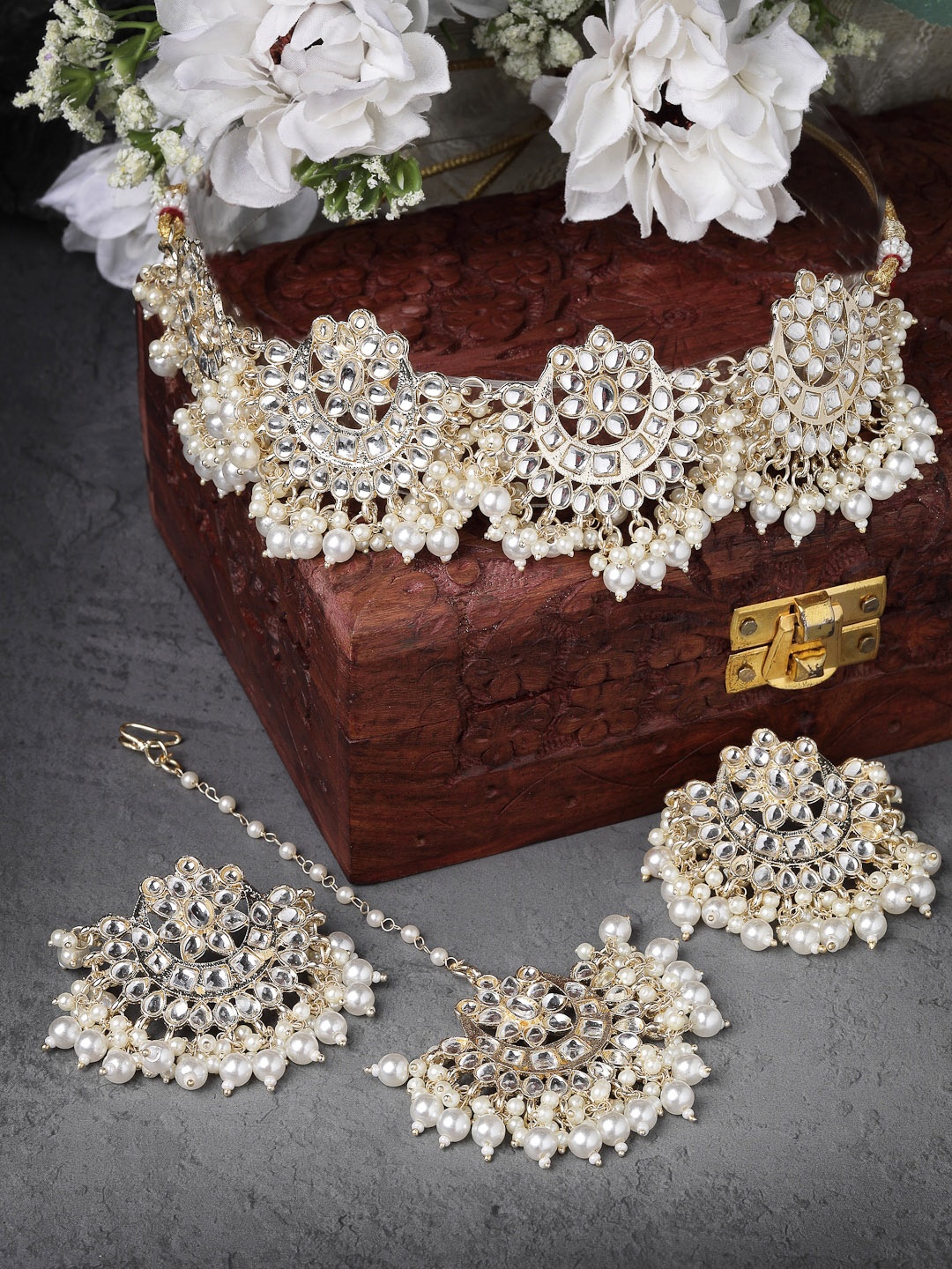 

Sukkhi Gold-Plated AD Stone-Studded Necklace and Earrings With Maang Tika Set