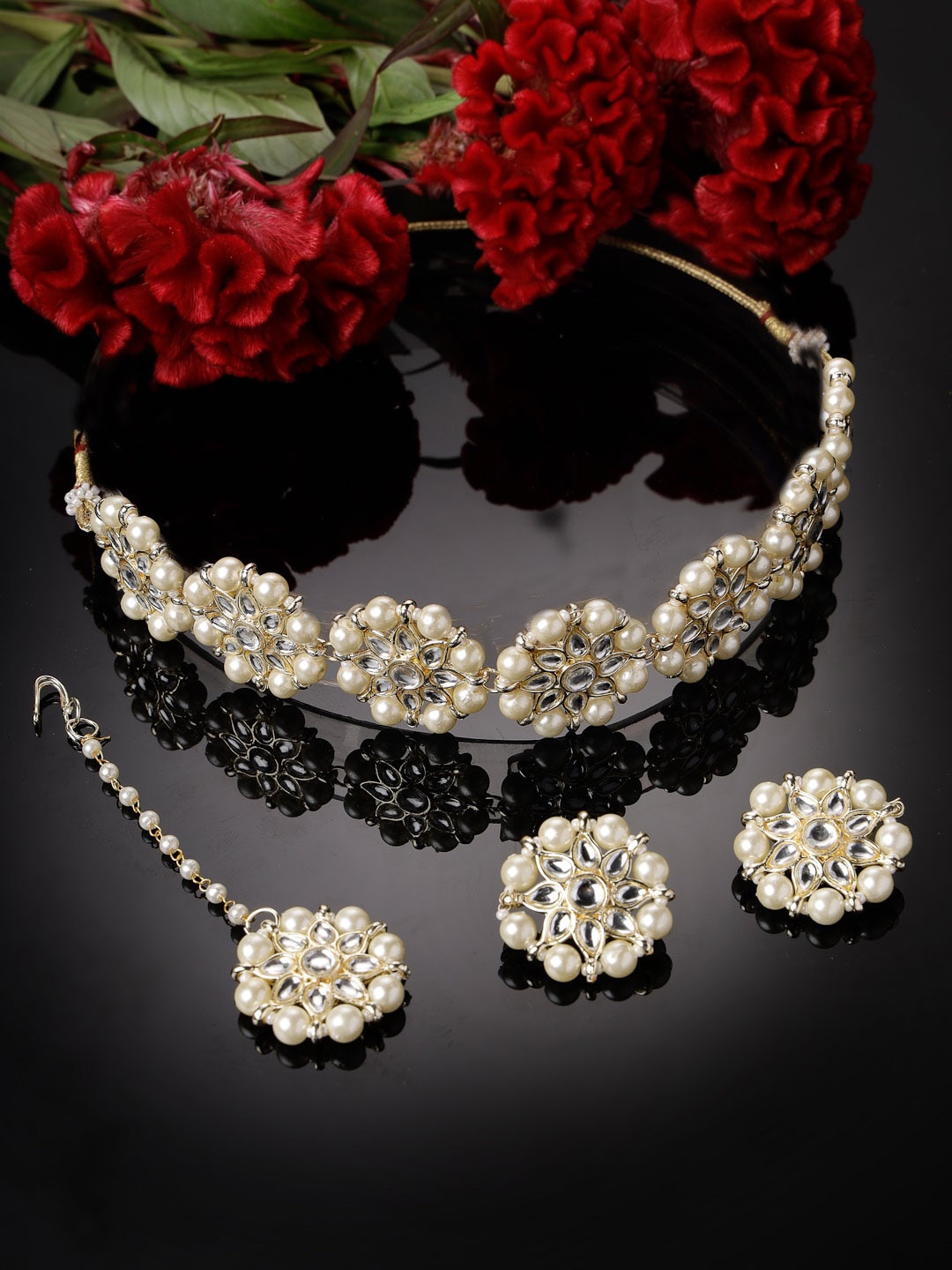 

Sukkhi Gold-Plated AD-Studded & Pearl Beaded Necklace and Earrings With Maang Tika