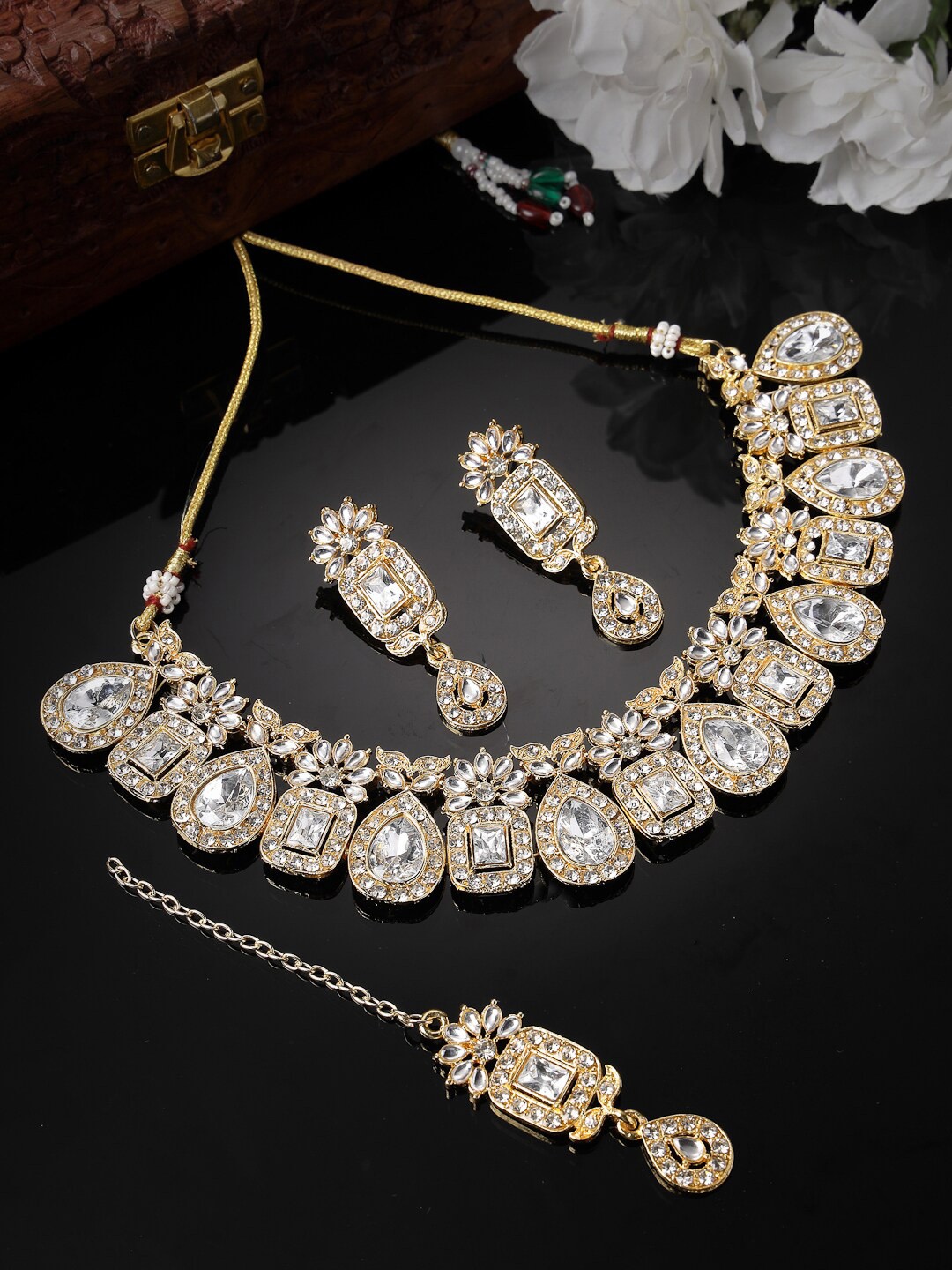 

Sukkhi Gold-Plated AD-Studded Necklace and Earrings With Maang Tika