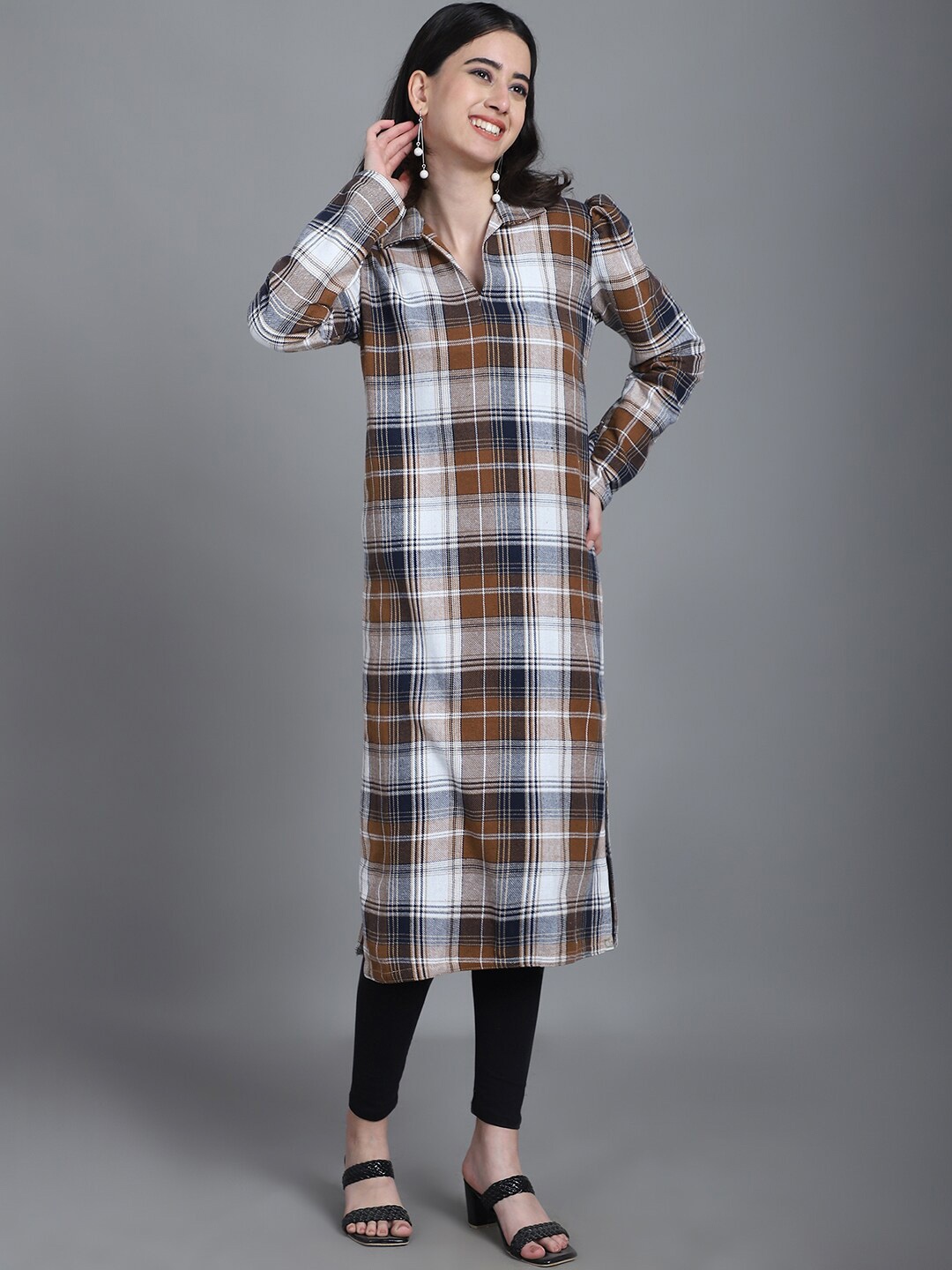 

Enchanted Drapes Checked Shirt Collar Puff Sleeves Straight Kurta, White