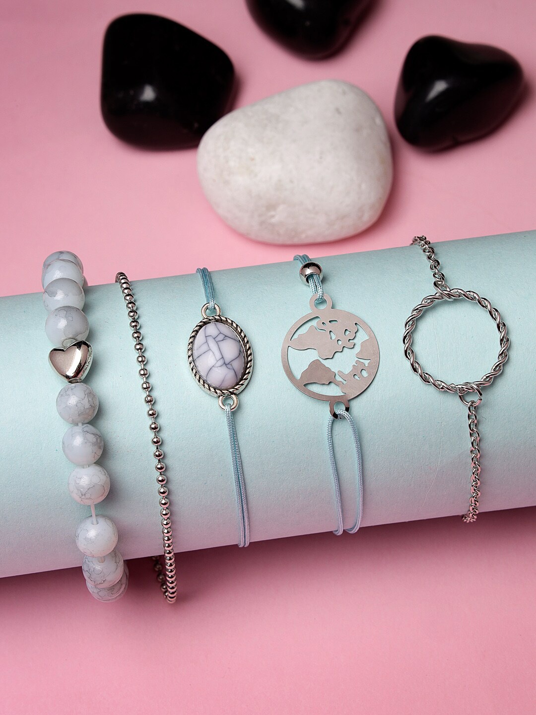 

Scintillare By Sukkhi Set Of 5 Rhodium-Plated Beaded Oxidised Charm Bracelets, Silver