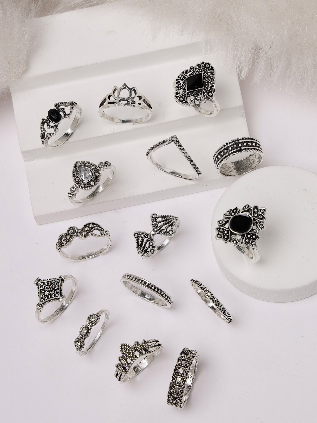 

Scintillare By Sukkhi Set Of 15 Rhodium-Plated Stones-Studded Finger Rings, Silver