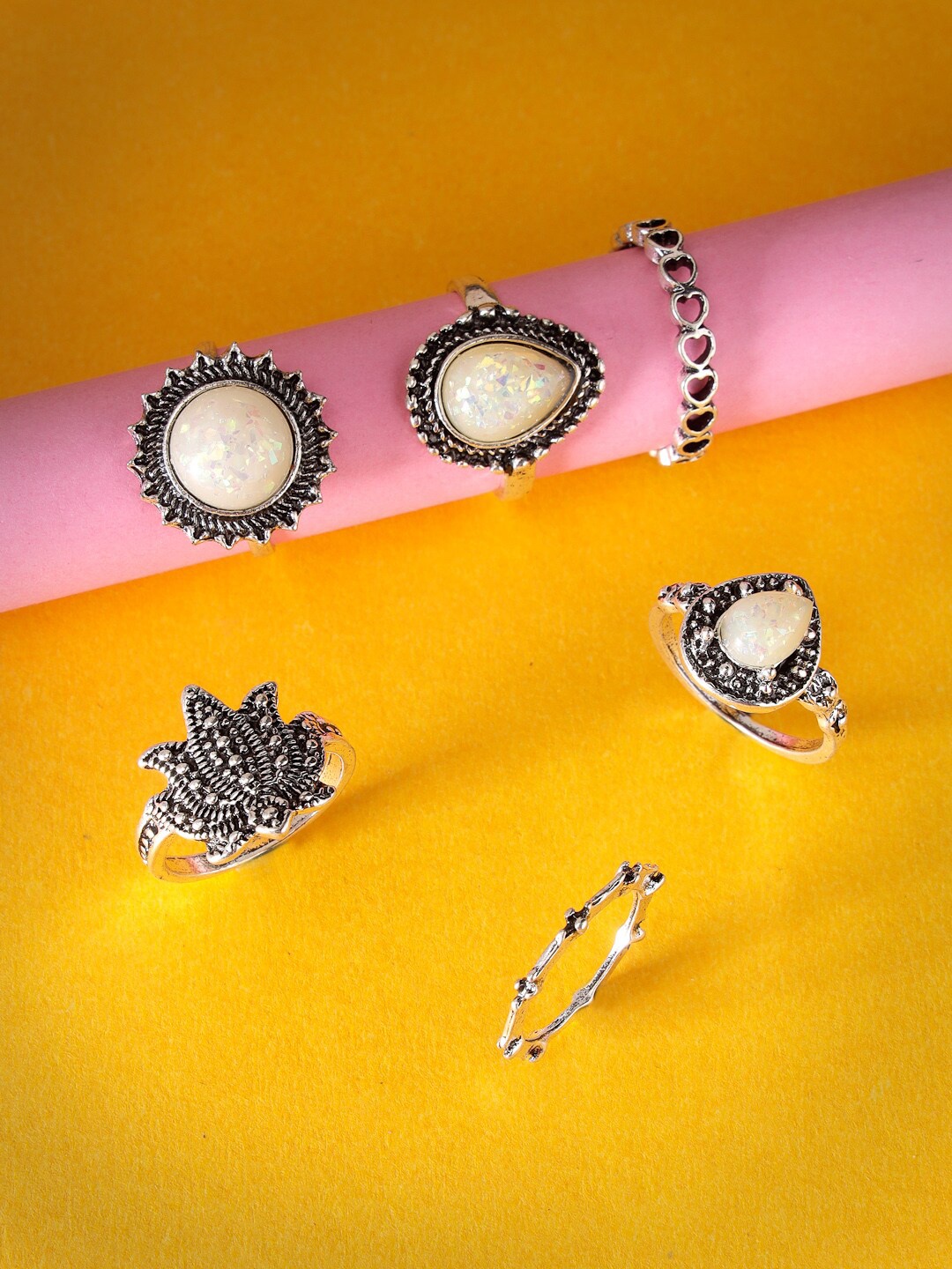 

Scintillare By Sukkhi Set Of 6 Rhodium Plated Oxidised Silver Finger Rings