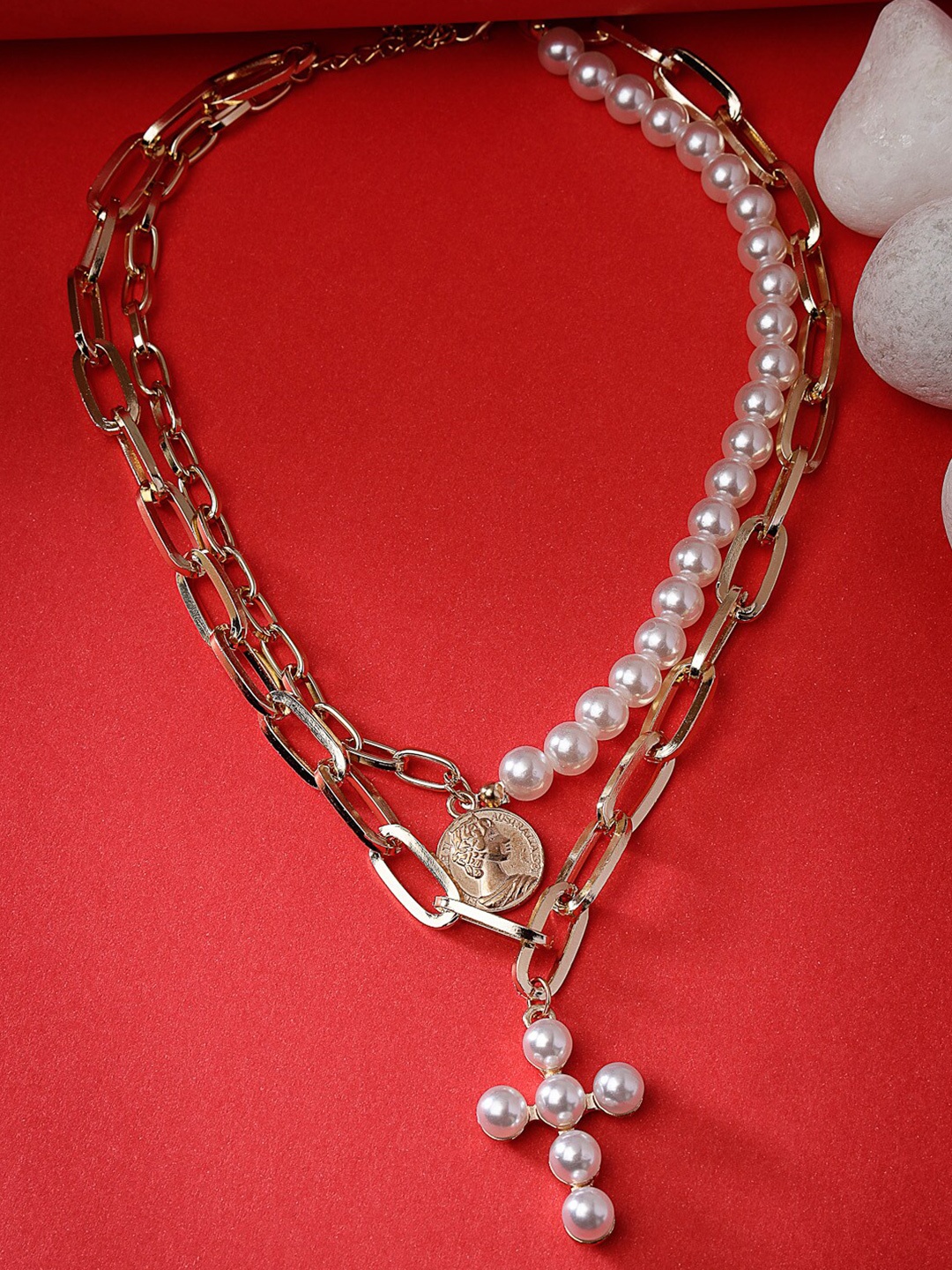 

Scintillare By Sukkhi Gold-Plated Pearl Beaded Layered Link Necklace