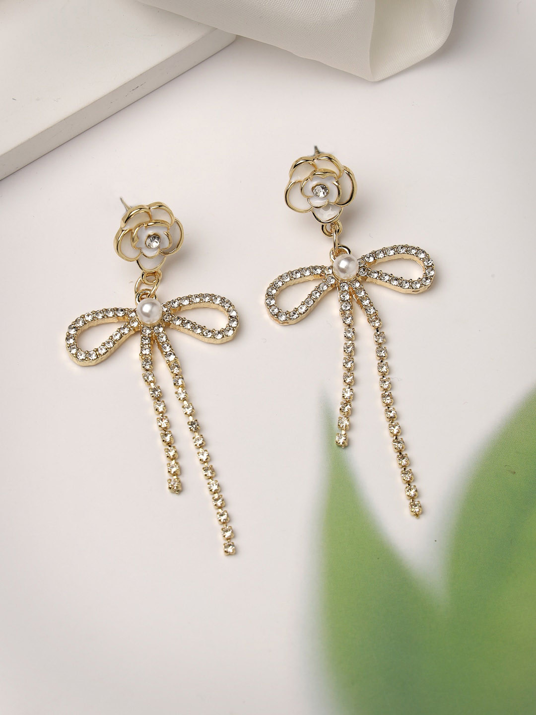 

Scintillare By Sukkhi Gold-Plated Crystals Studded Floral & Bow Drop Earrings