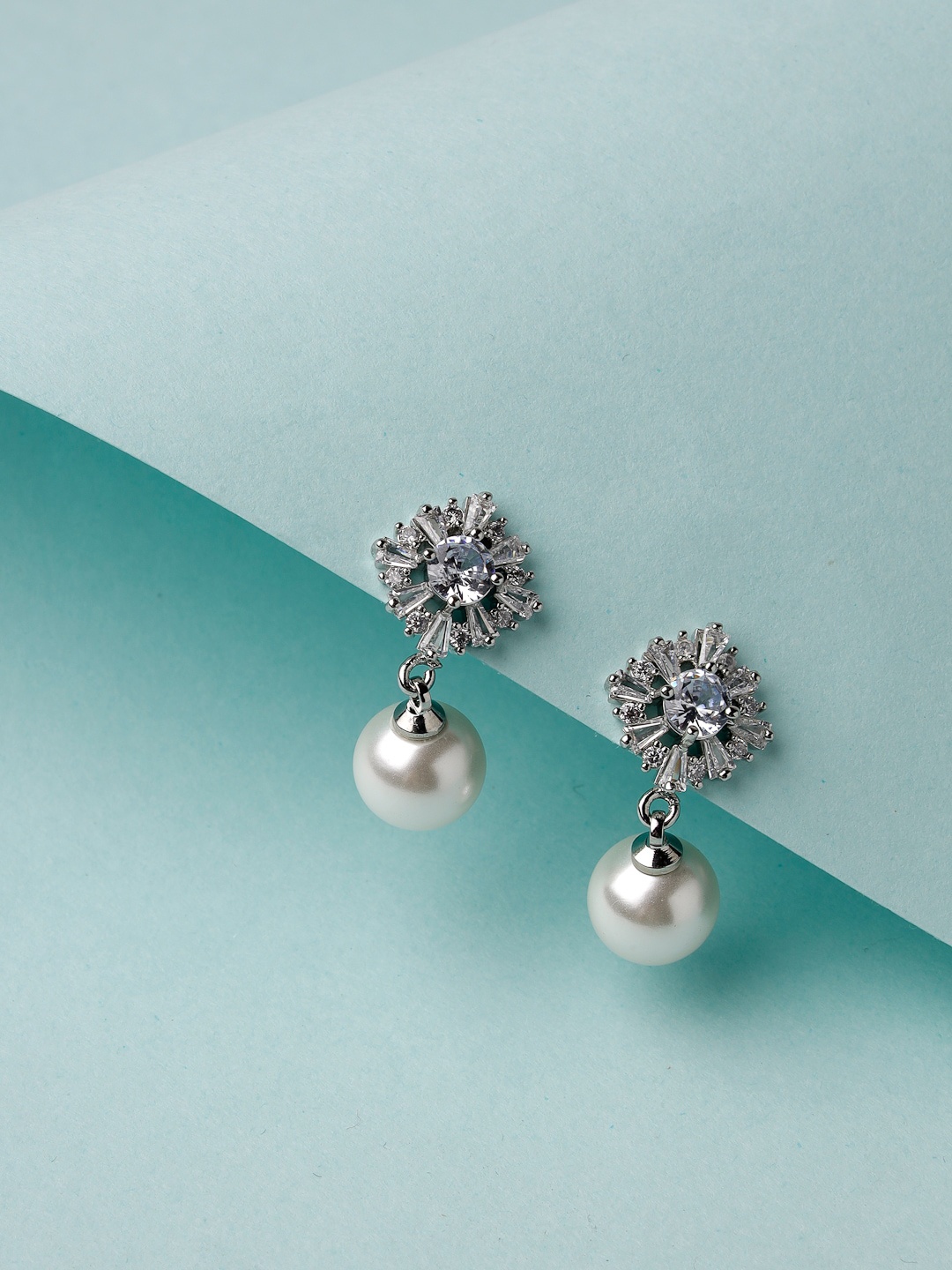 

Scintillare By Sukkhi Rhodium Plated AD Studded Floral Drop Earrings, Silver