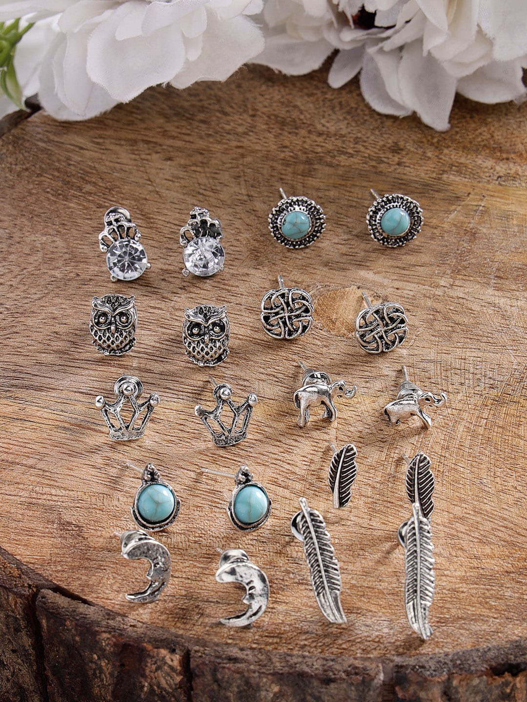 

Scintillare By Sukkhi Set Of 10 Rhodium Plated Contemporary Oxidised Studs Earrings, Silver