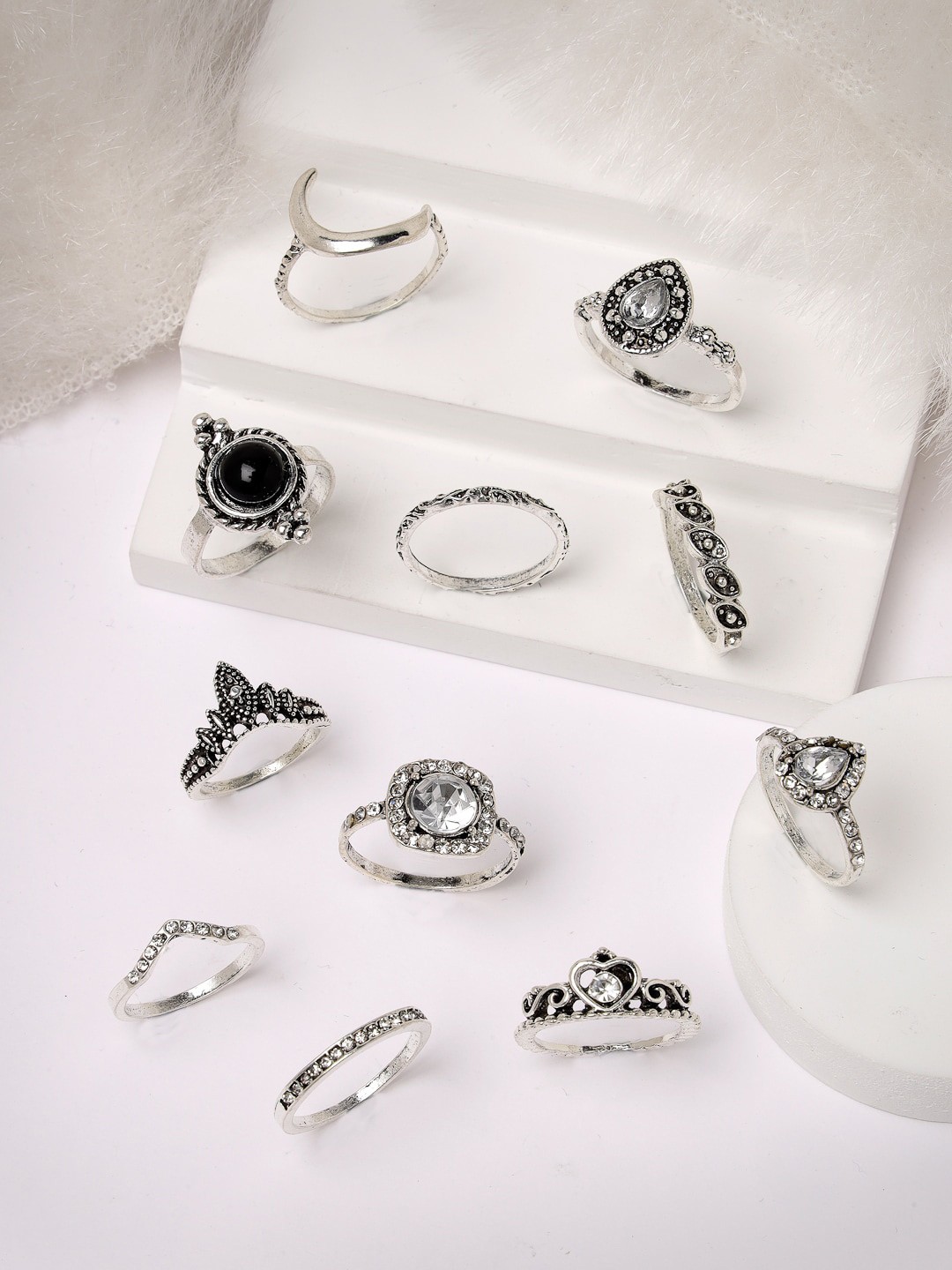 

Scintillare By Sukkhi Set Of 11 Rhodium-Plated Crystals-Studded Finger Rings, Silver
