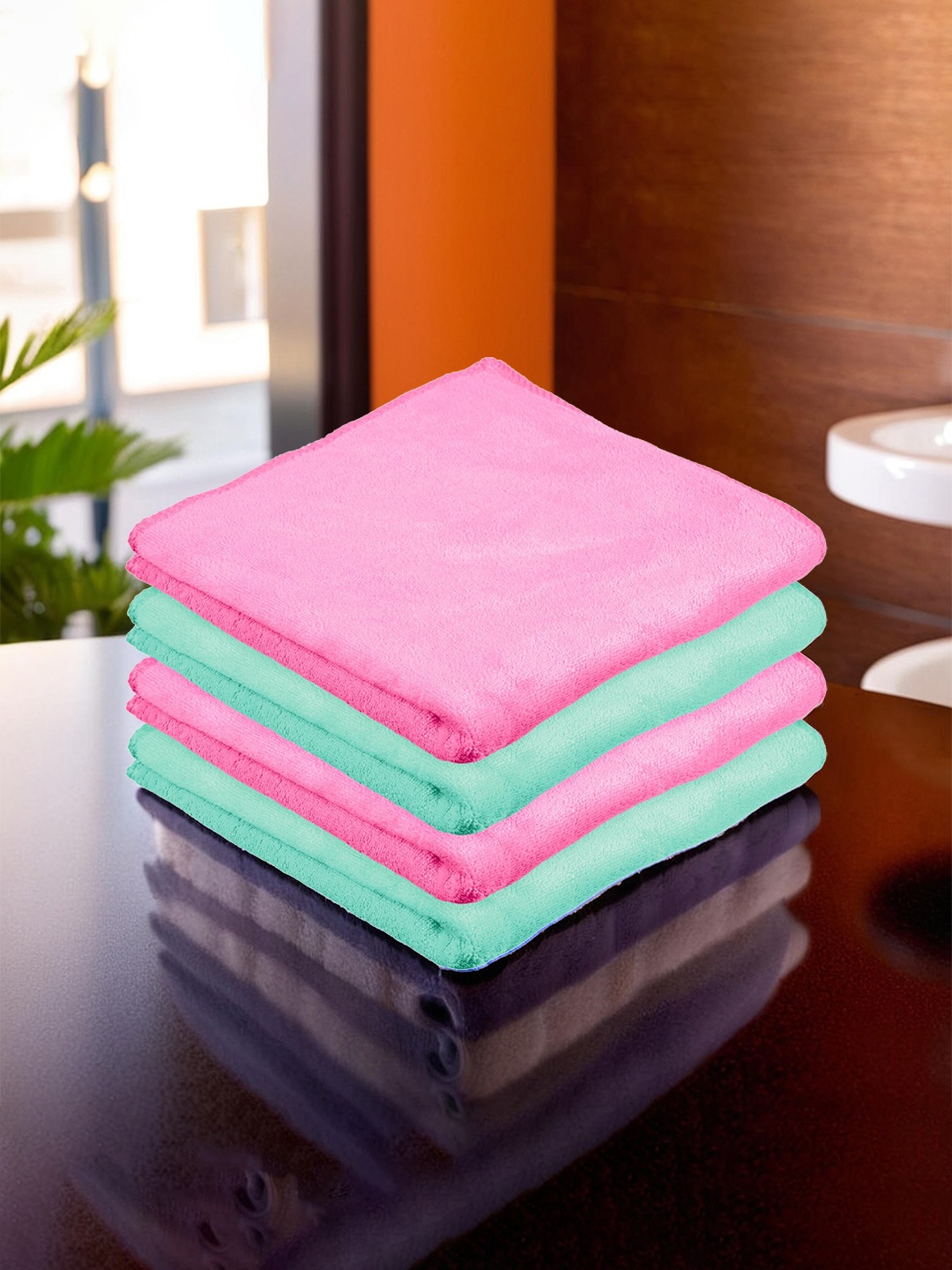 

Kuber Industries Pink & Green 4 Pieces Microfiber Kitchen Towels