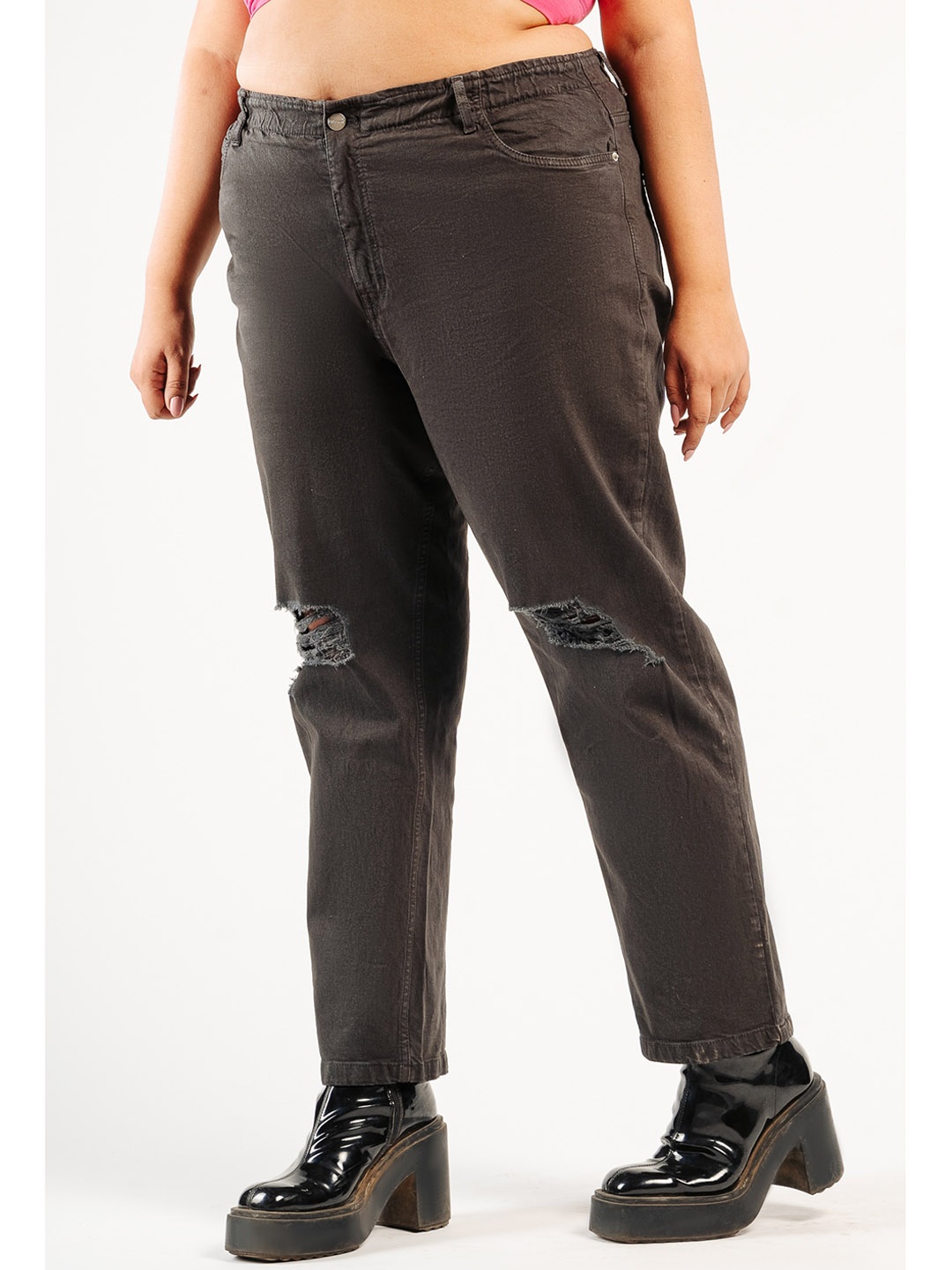 

FREAKINS Women Plus Size Mom Fit High-Rise Slash Knee Stretchable Jeans, Olive