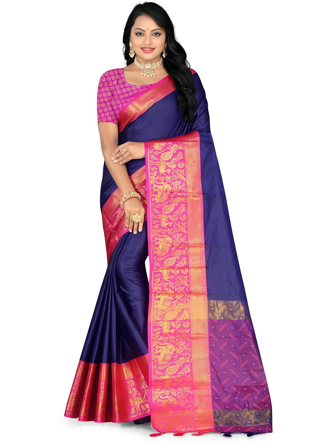 

Leelavati Kalamkari Zari Pure Silk Banarasi Saree, Navy blue