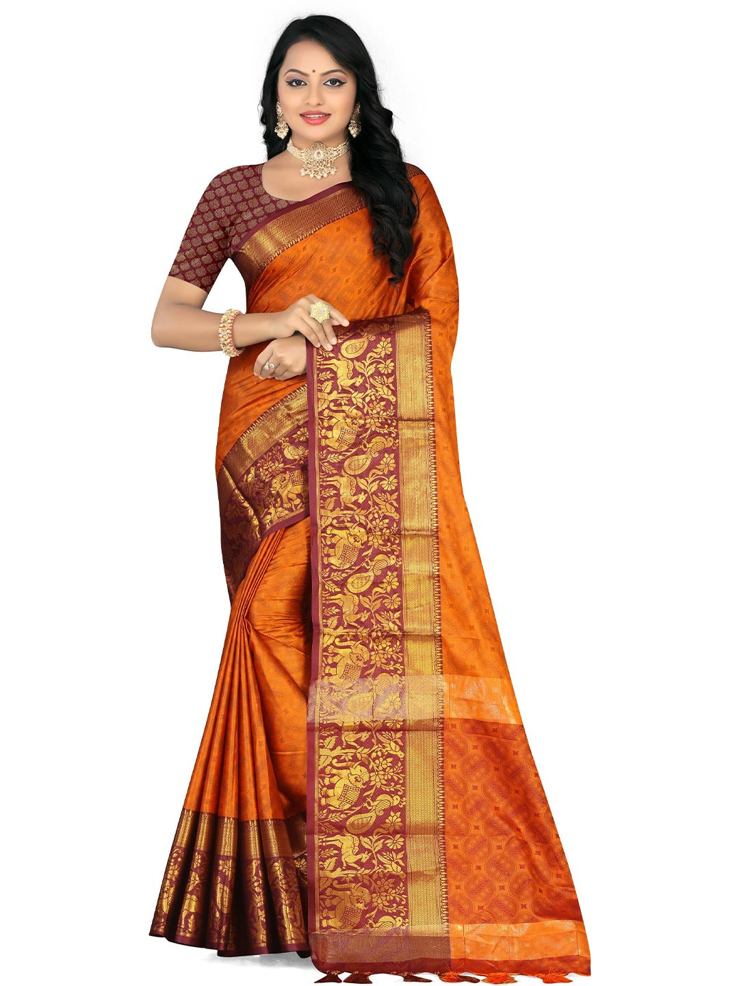 

Leelavati Kalamkari Zari Pure Silk Banarasi Saree, Brown