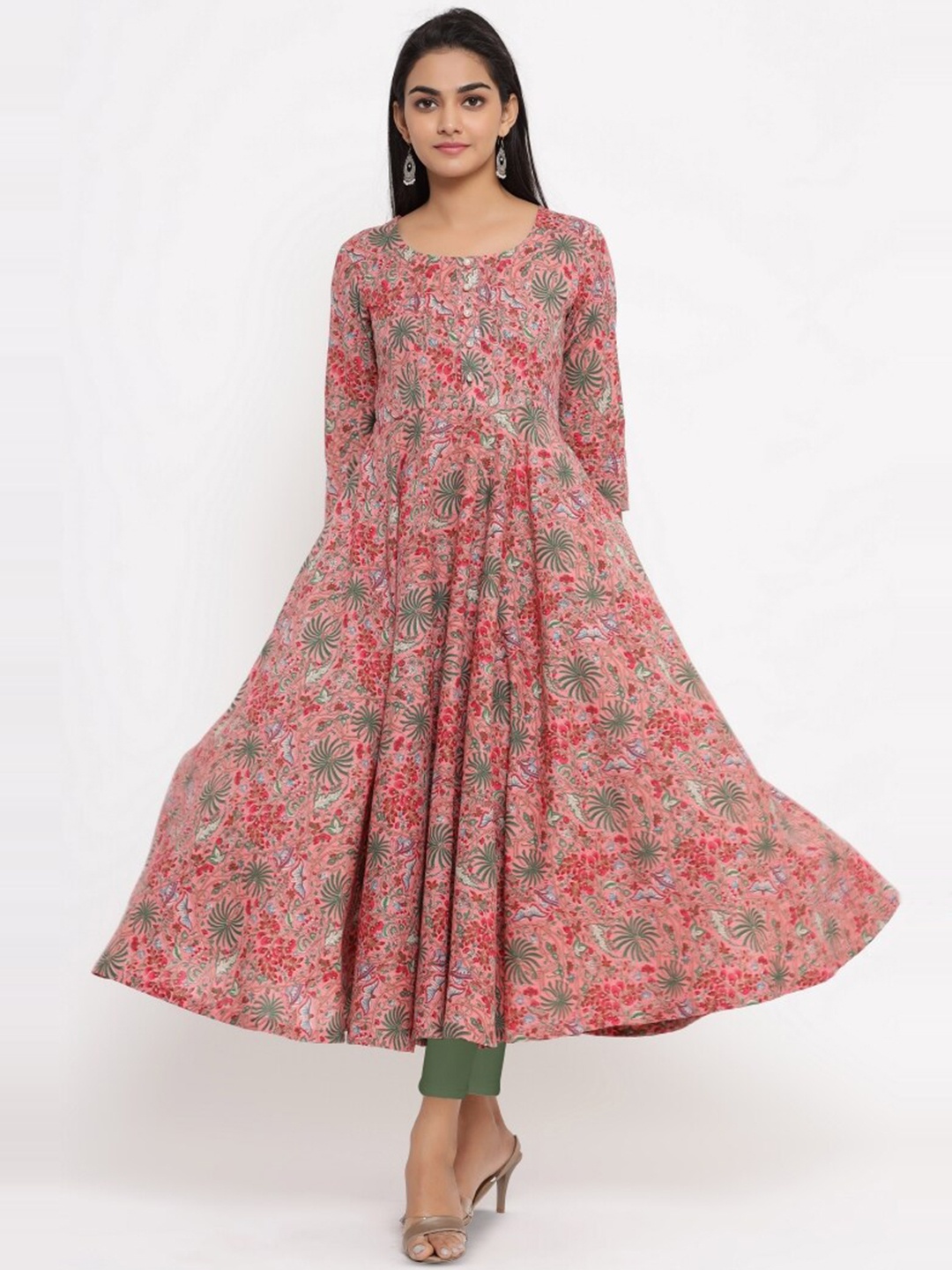 

COTLAND FASHION Floral Printed Round Neck Empire Cotton Anarkali Kurta, Pink