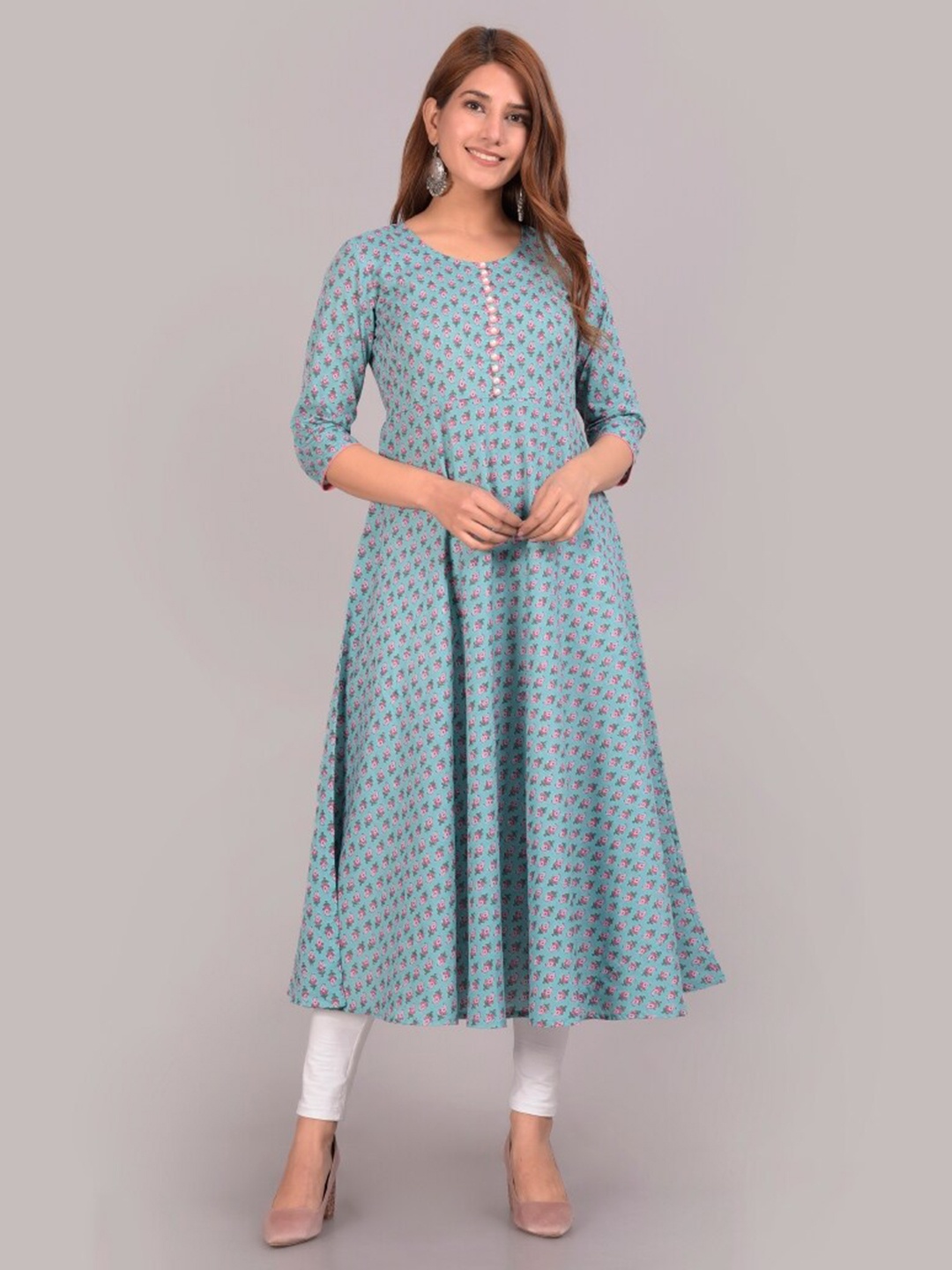 

COTLAND FASHION Floral Printed Pure Cotton Round Neck Anarkali Kurta, Blue