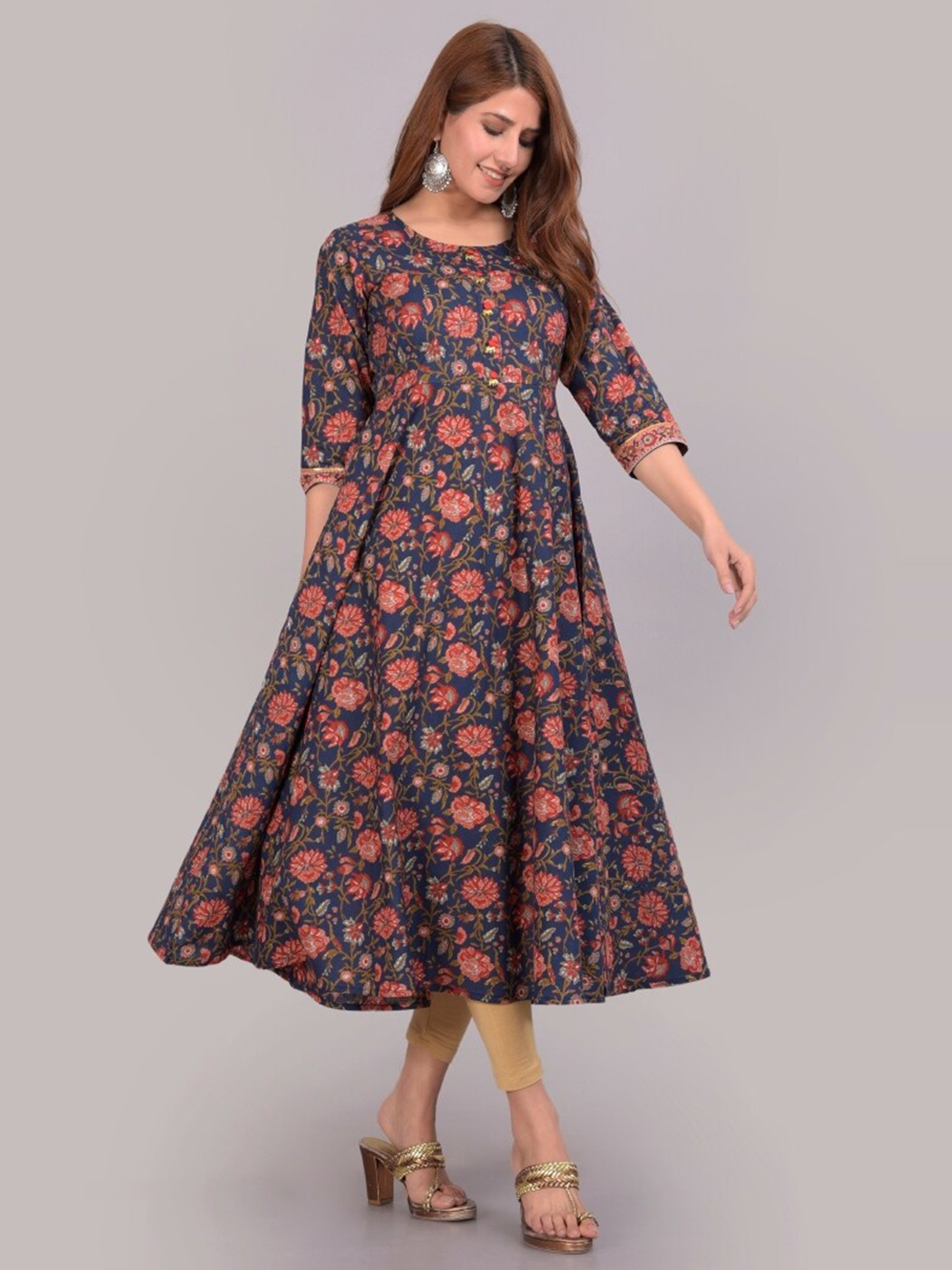 COTLAND FASHION Floral Printed Round Neck Empire Cotton Anarkali Kurta, Navy blue