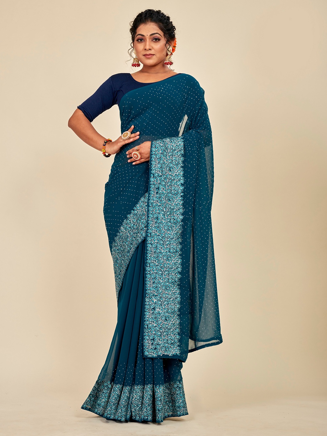 MAHALASA Embellished Art Silk Designer Saree, Teal