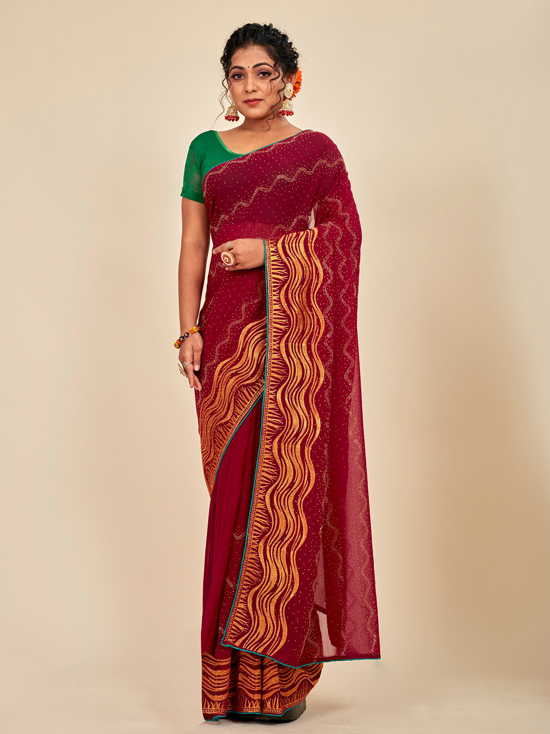 

MAHALASA Embellished Embroidered Pure Georgette Designer Saree, Red