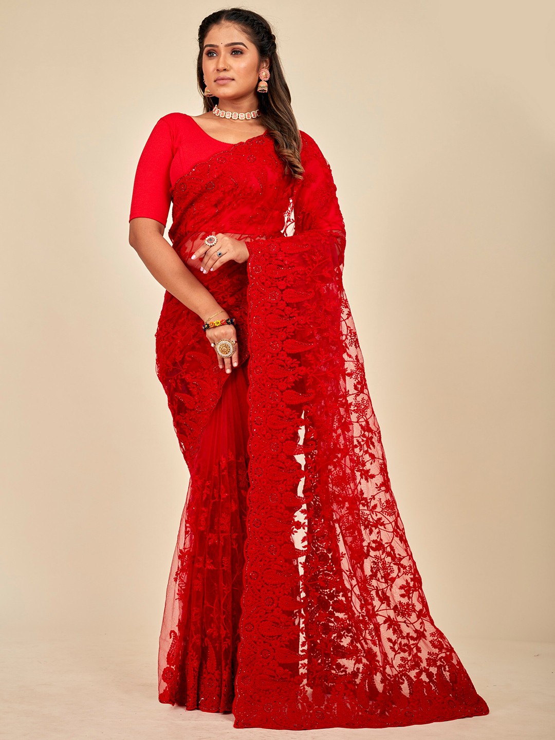 

MAHALASA Embellished Embroidered Saree, Red