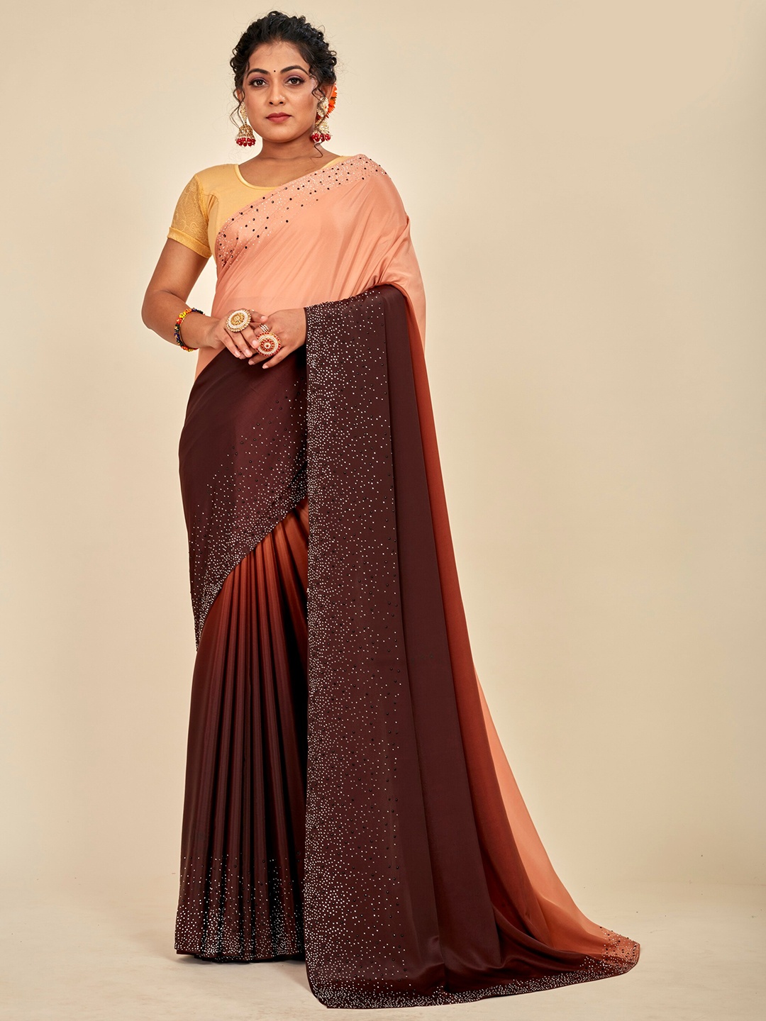 

MAHALASA Embellished Embroidered Silk Cotton Designer Saree, Coffee brown