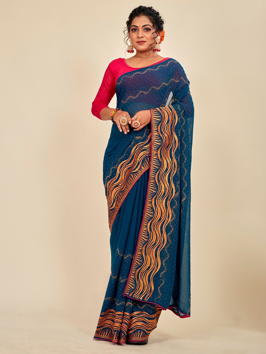 

MAHALASA Embellished Beads and Stones Pure Georgette Saree, Blue