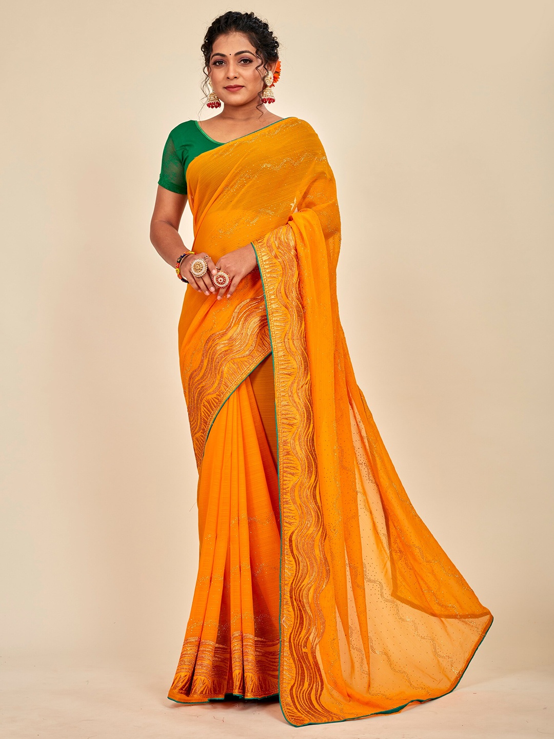 

MAHALASA Embellished Embroidered Pure Georgette Saree, Yellow