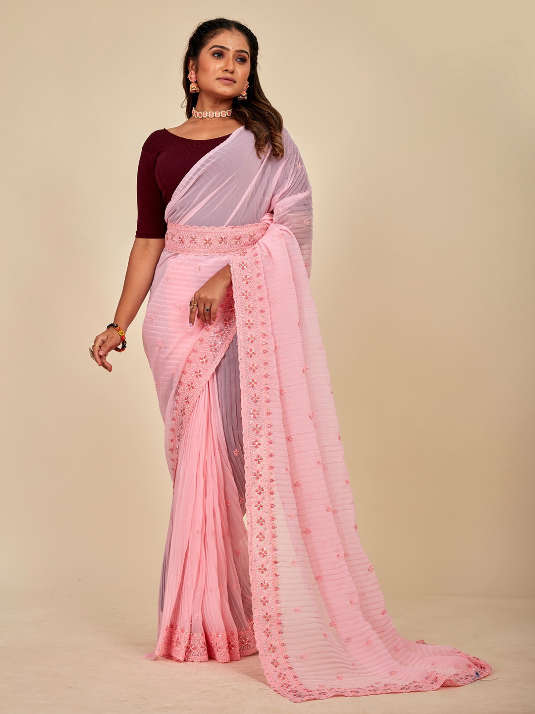 

MAHALASA Floral Embroidered Sequinned Saree, Pink
