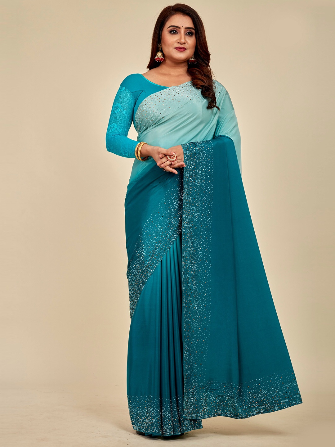 

MAHALASA Embellished Beads and Stones Saree, Sea green