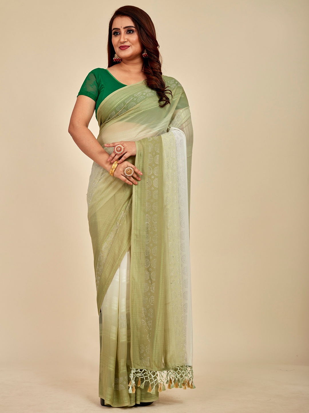

MAHALASA Embellished Embroidered Silk Cotton Designer Saree, Olive
