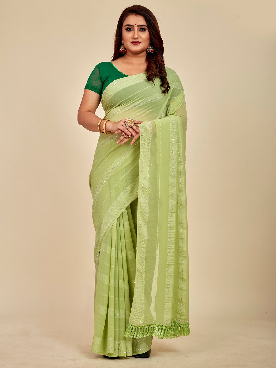MAHALASA Embellished Embroidered Silk Cotton Designer Saree, Green
