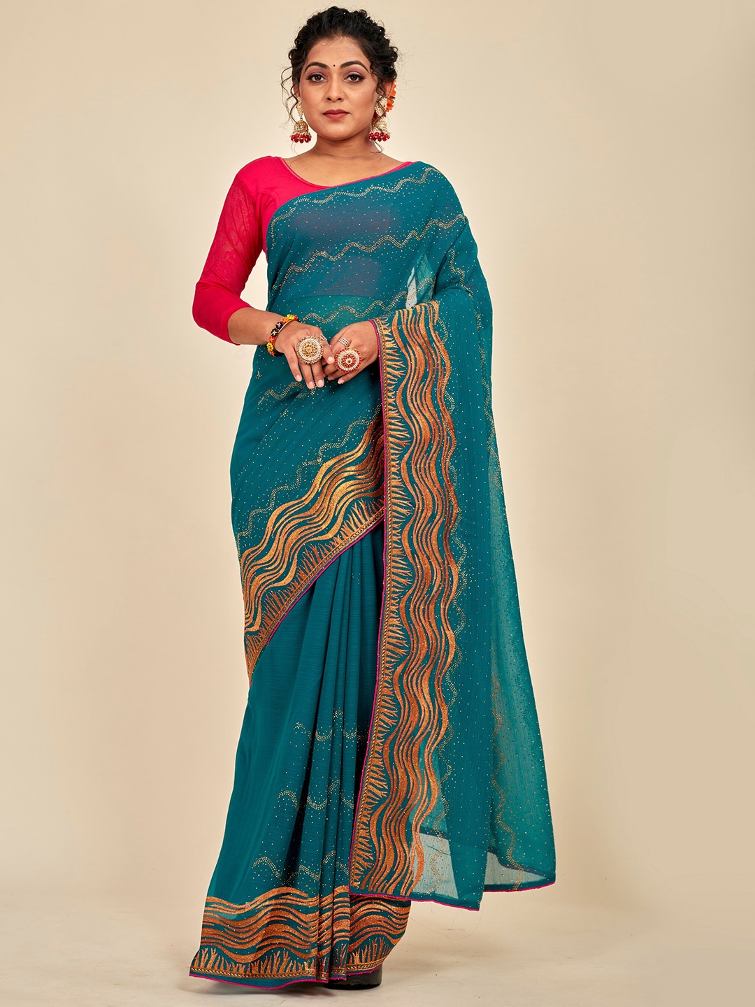 

MAHALASA Embellished Embroidered Pure Georgette Designer Saree, Teal