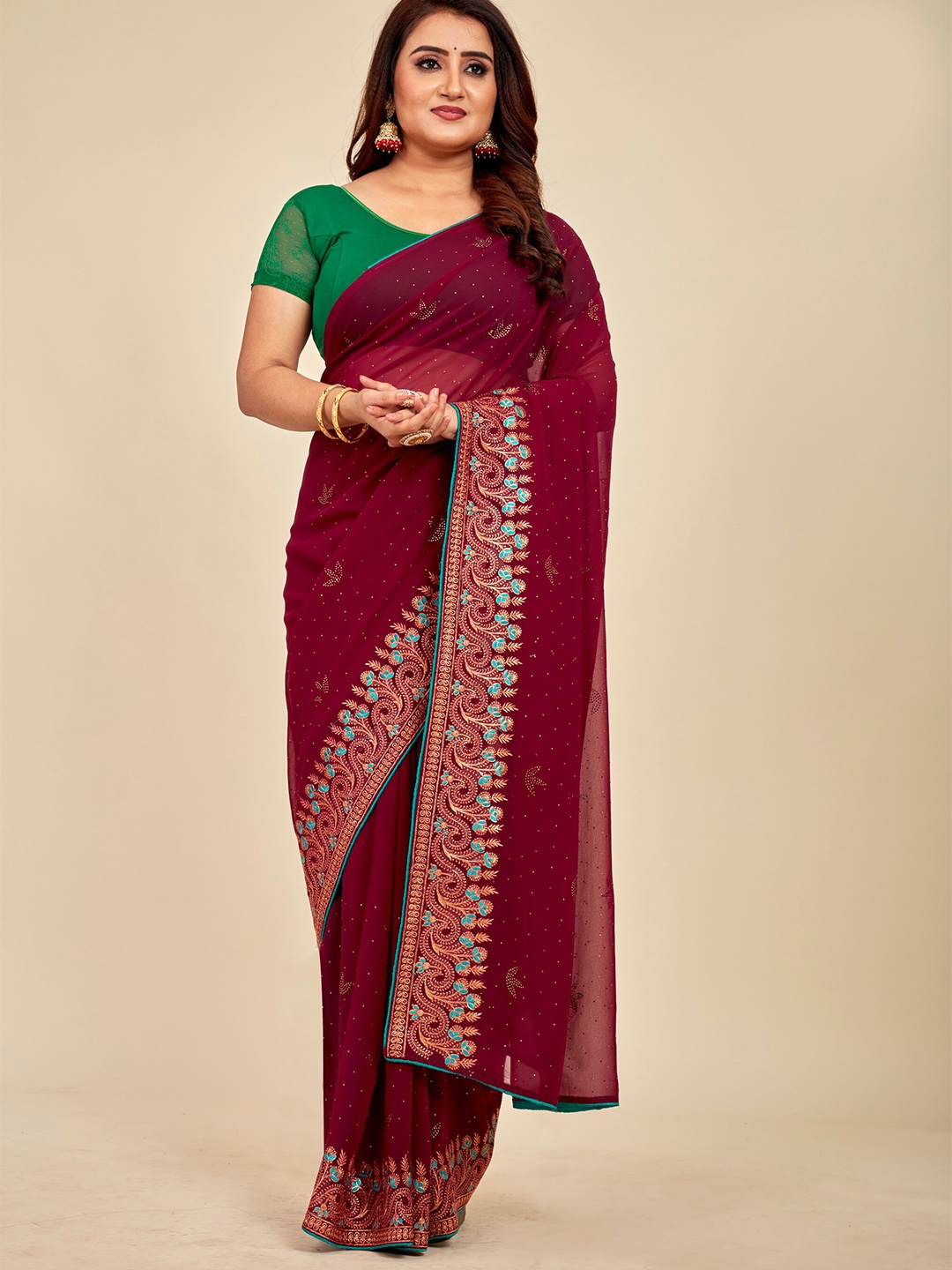 

MAHALASA Embellished Embroidered Pure Georgette Designer Saree, Magenta