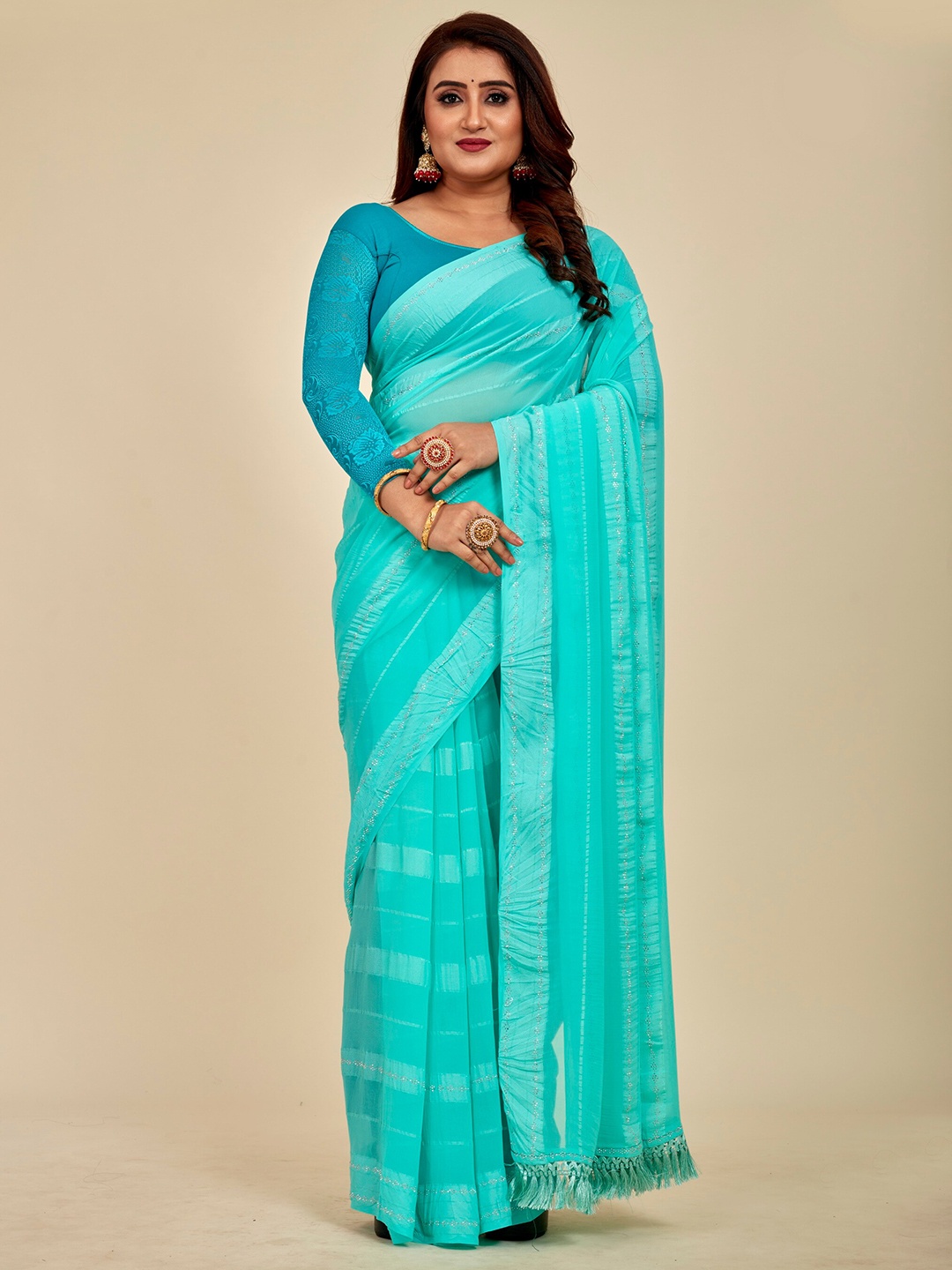 MAHALASA Striped Beads and Stones Saree, Blue