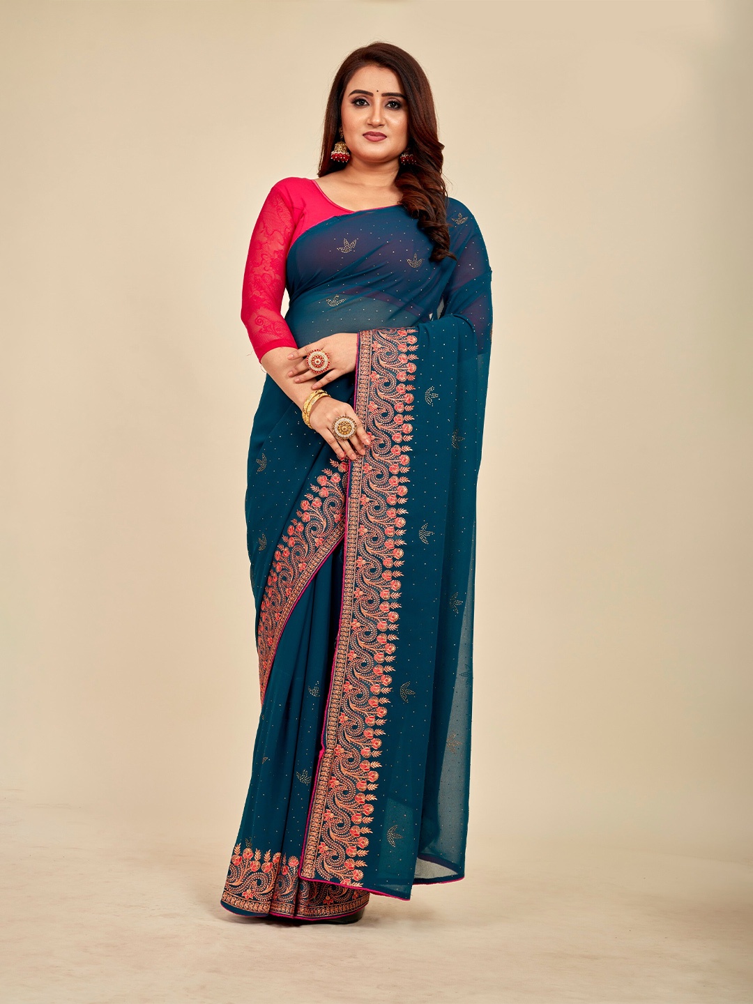 

MAHALASA Embellished Pure Georgette Designer Saree, Blue