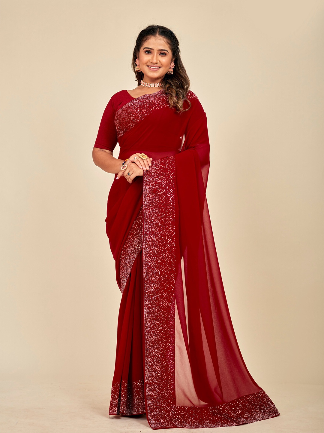 

MAHALASA Embellished Pure Georgette Designer Saree, Maroon