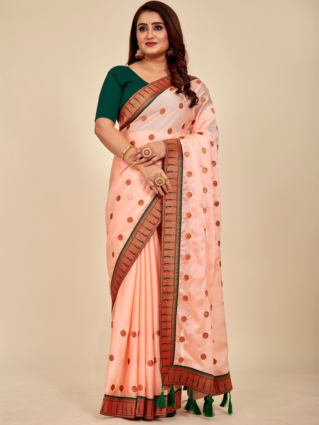 

MAHALASA Embellished Embroidered Silk Blend Designer Saree, Peach
