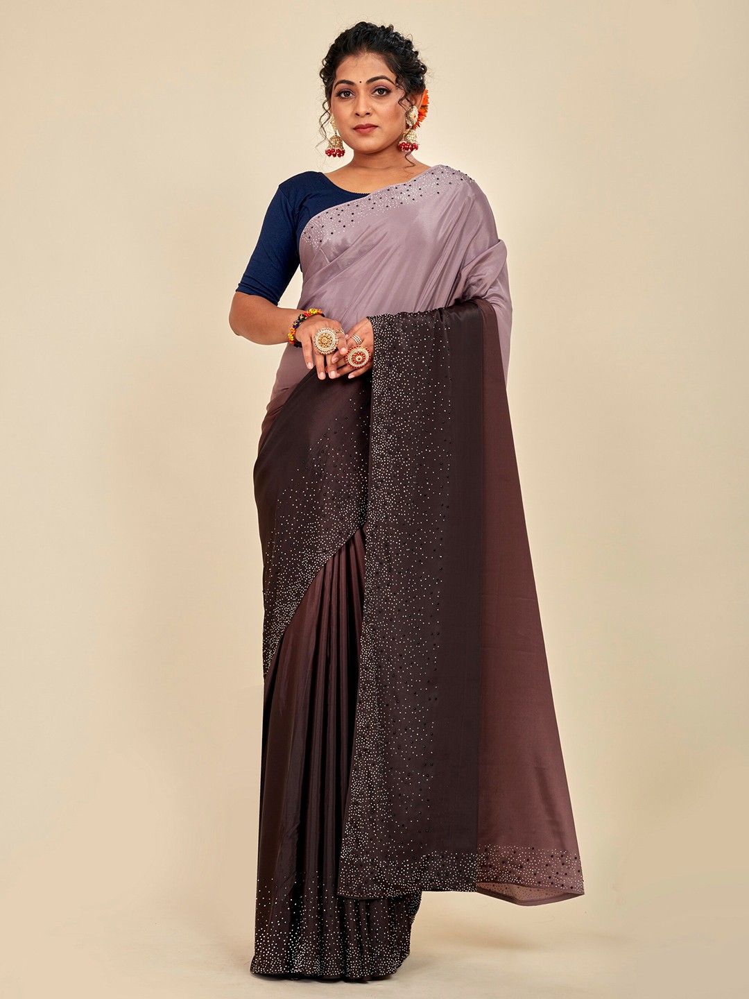 

MAHALASA Embellished Silk Cotton Saree, Brown