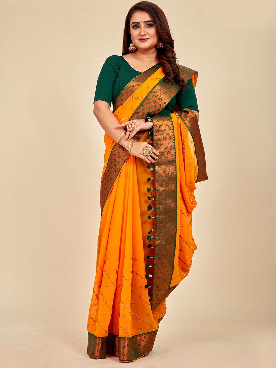 

MAHALASA Ethnic Motifs Embroidered Saree, Yellow