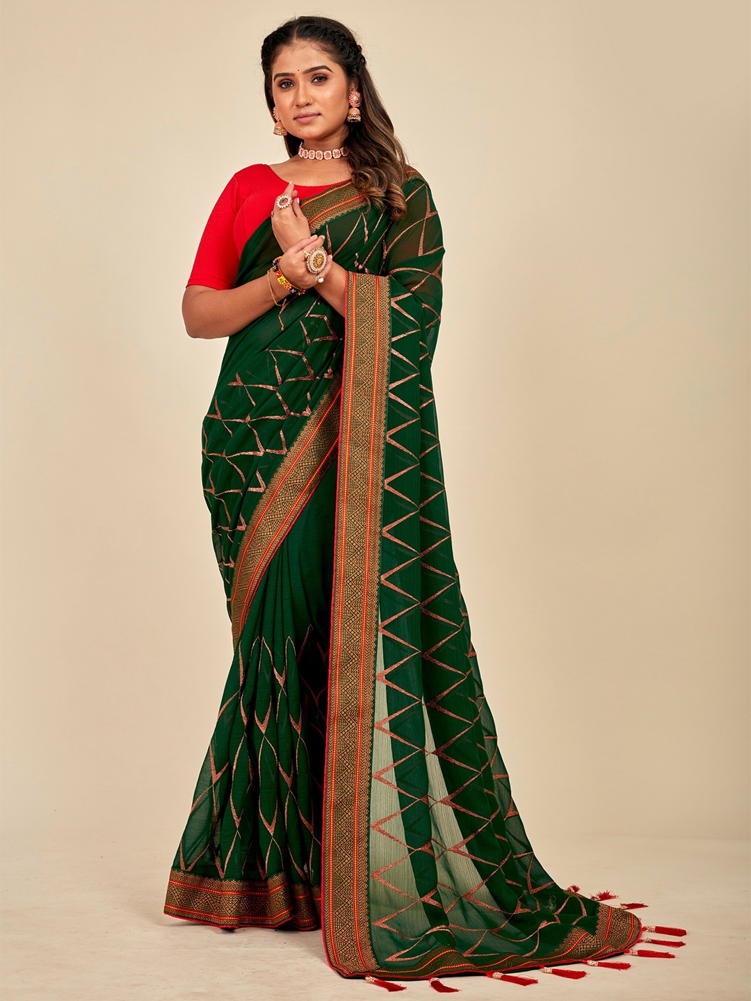 

MAHALASA Embellished Embroidered Pure Georgette Designer Saree, Olive