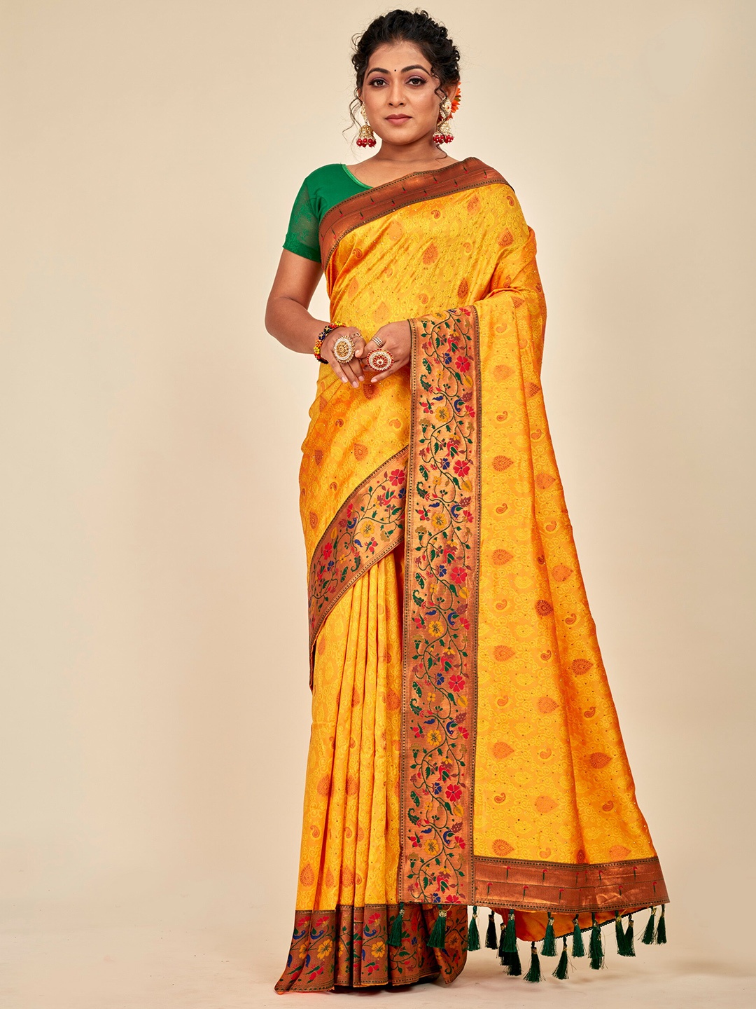 MAHALASA Embellished Embroidered Silk Cotton Designer Saree, Yellow