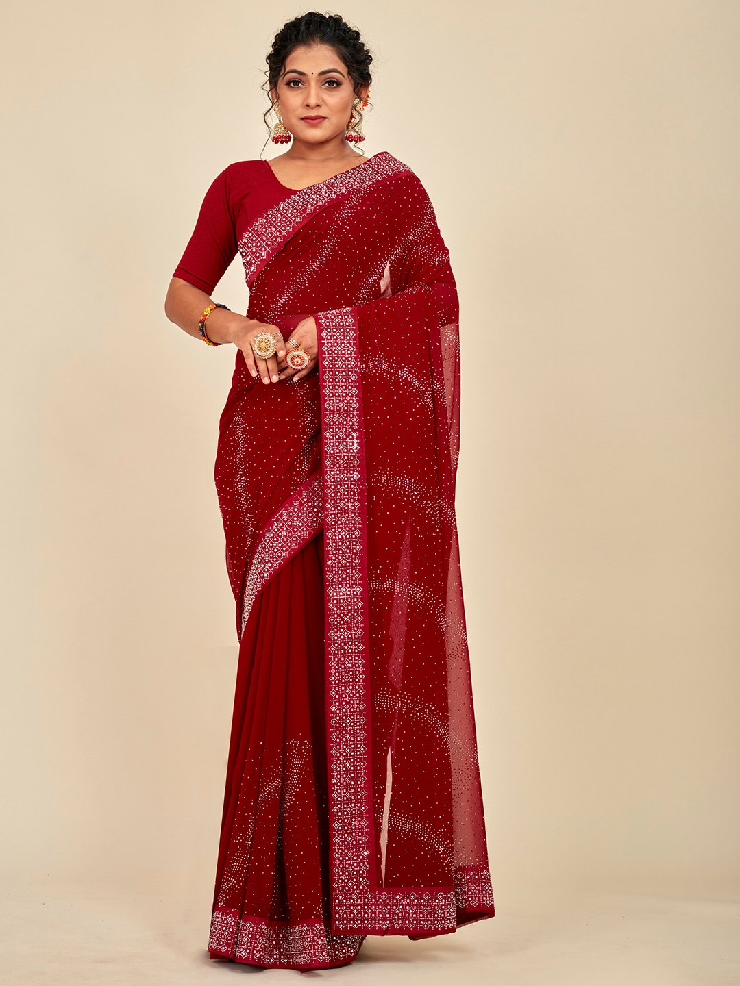 

MAHALASA Embellished Embroidered Pure Georgette Designer Saree, Maroon