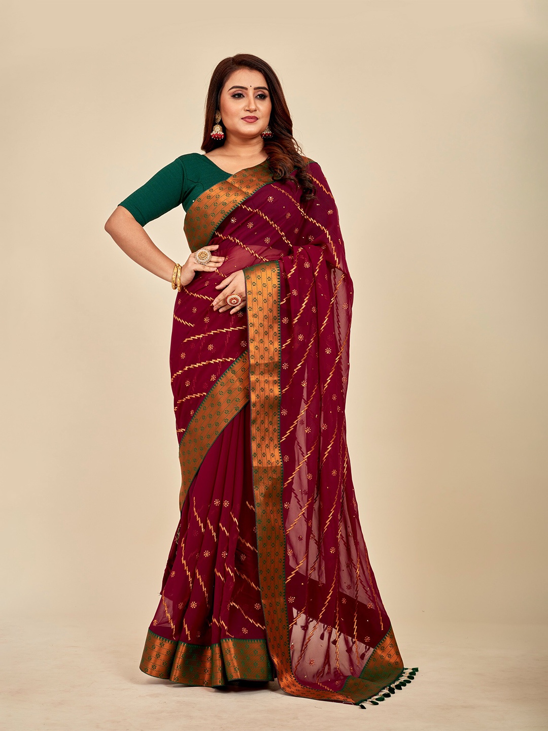 

MAHALASA Embellished Embroidered Art Silk Designer Saree, Maroon