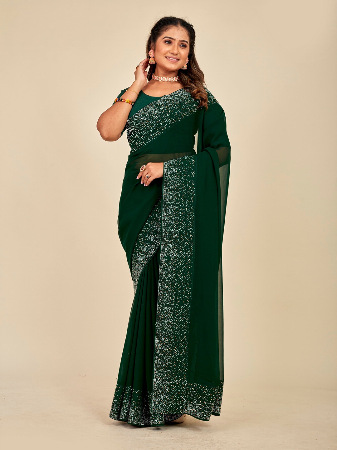 MAHALASA Embellished Pure Georgette Saree, Olive