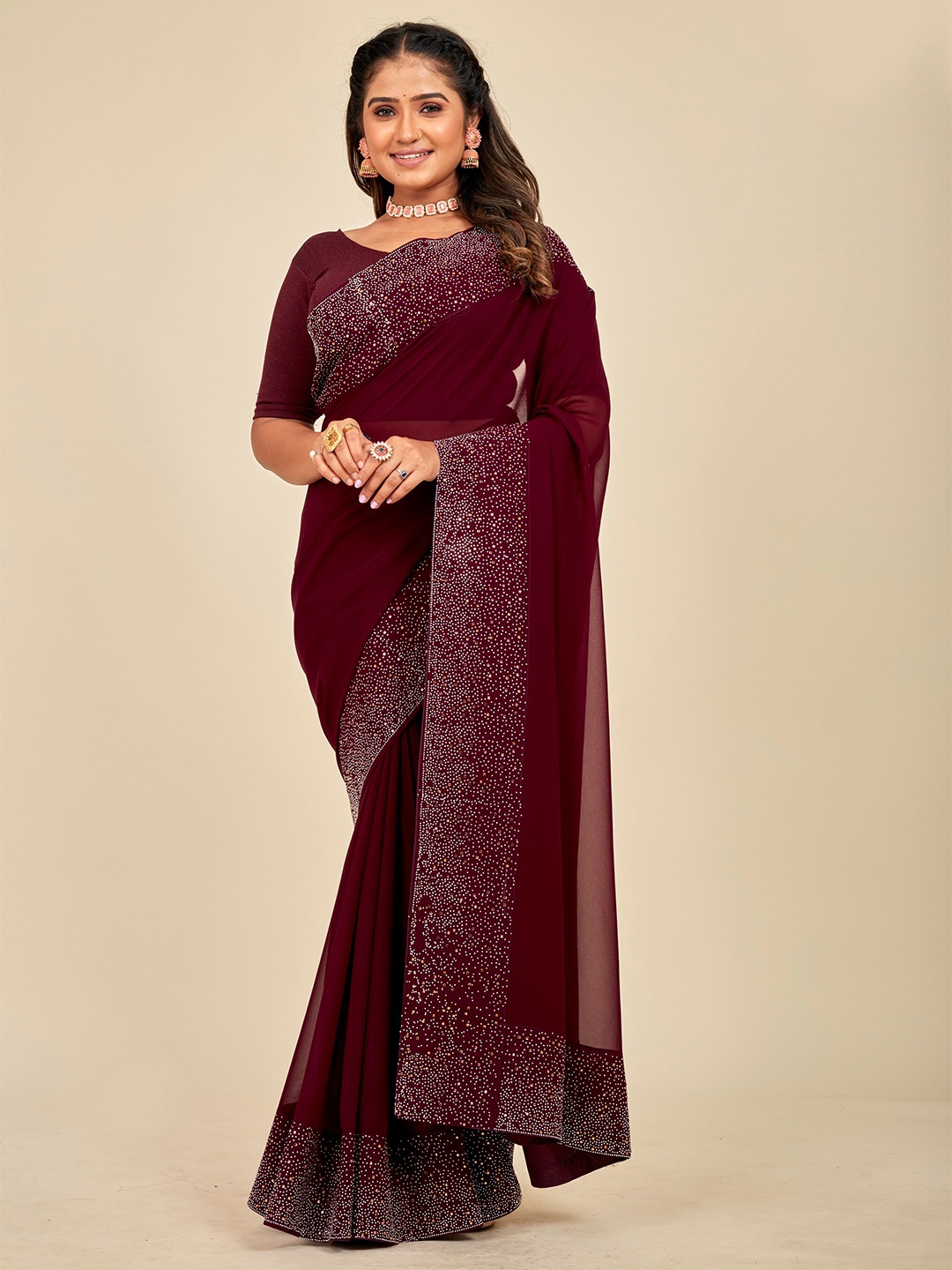 

MAHALASA Embellished Embroidered Pure Georgette Designer Saree, Magenta